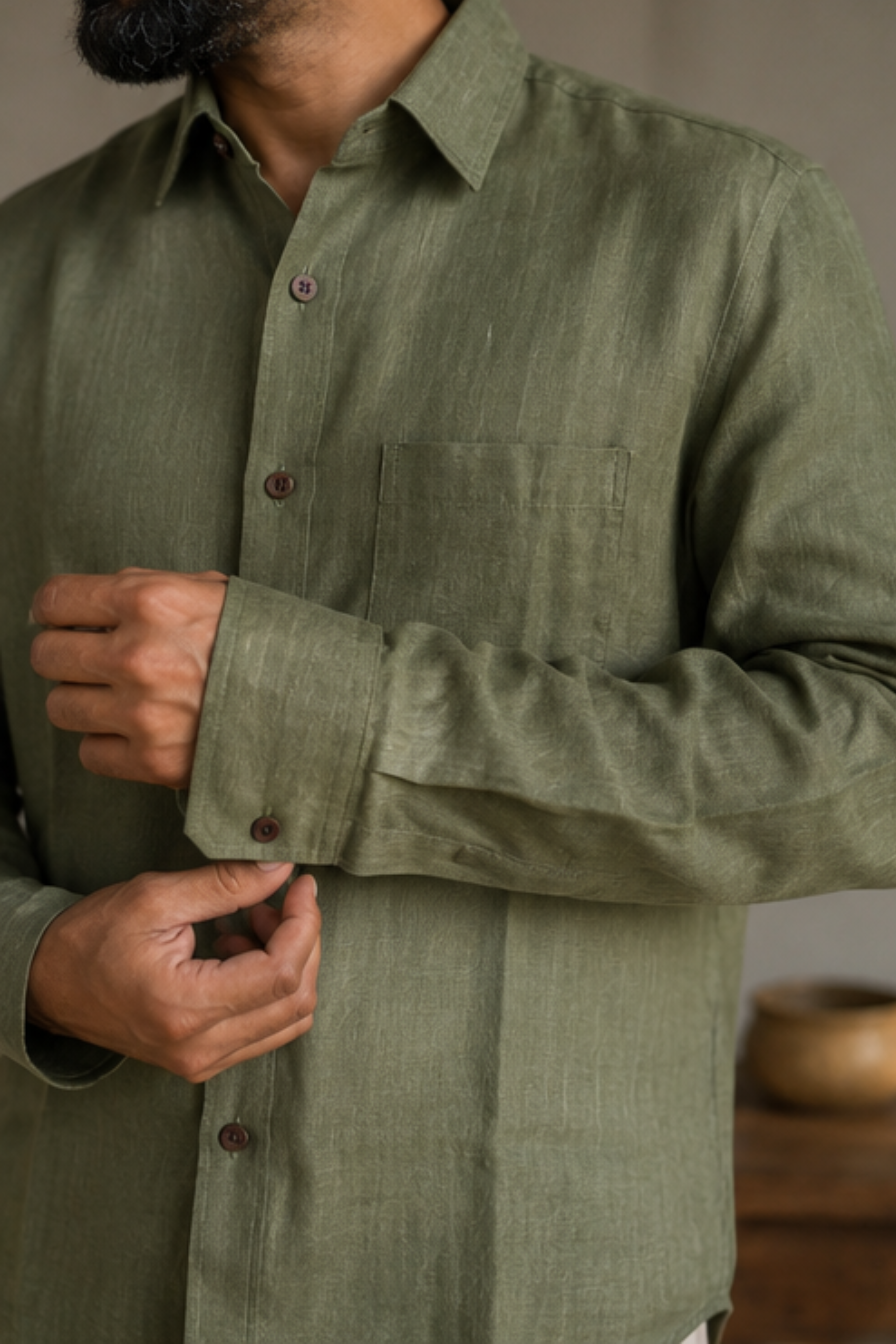 Harmony Olive Branch Hemp Shirt with Spread Collar – Premium Full Sleeve Shirt for Men