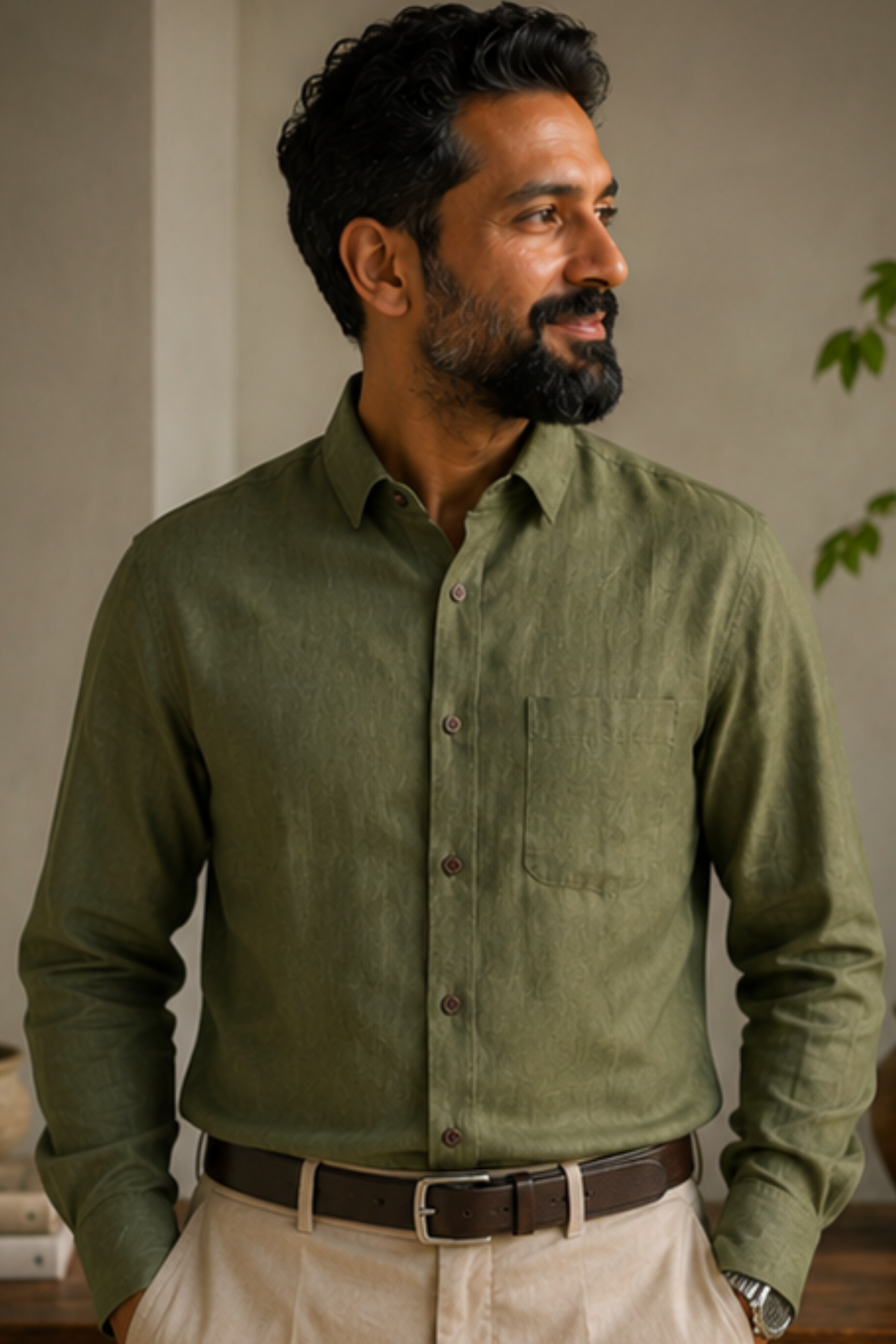 Harmony Olive Branch Hemp Shirt with Spread Collar – Premium Full Sleeve Shirt for Men