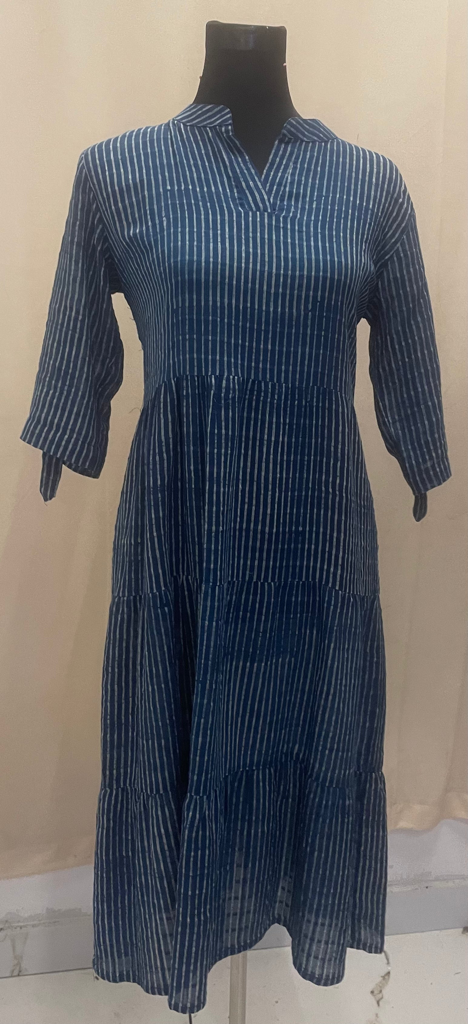 Indigo Slub Cotton Shirt Dress in Stripes