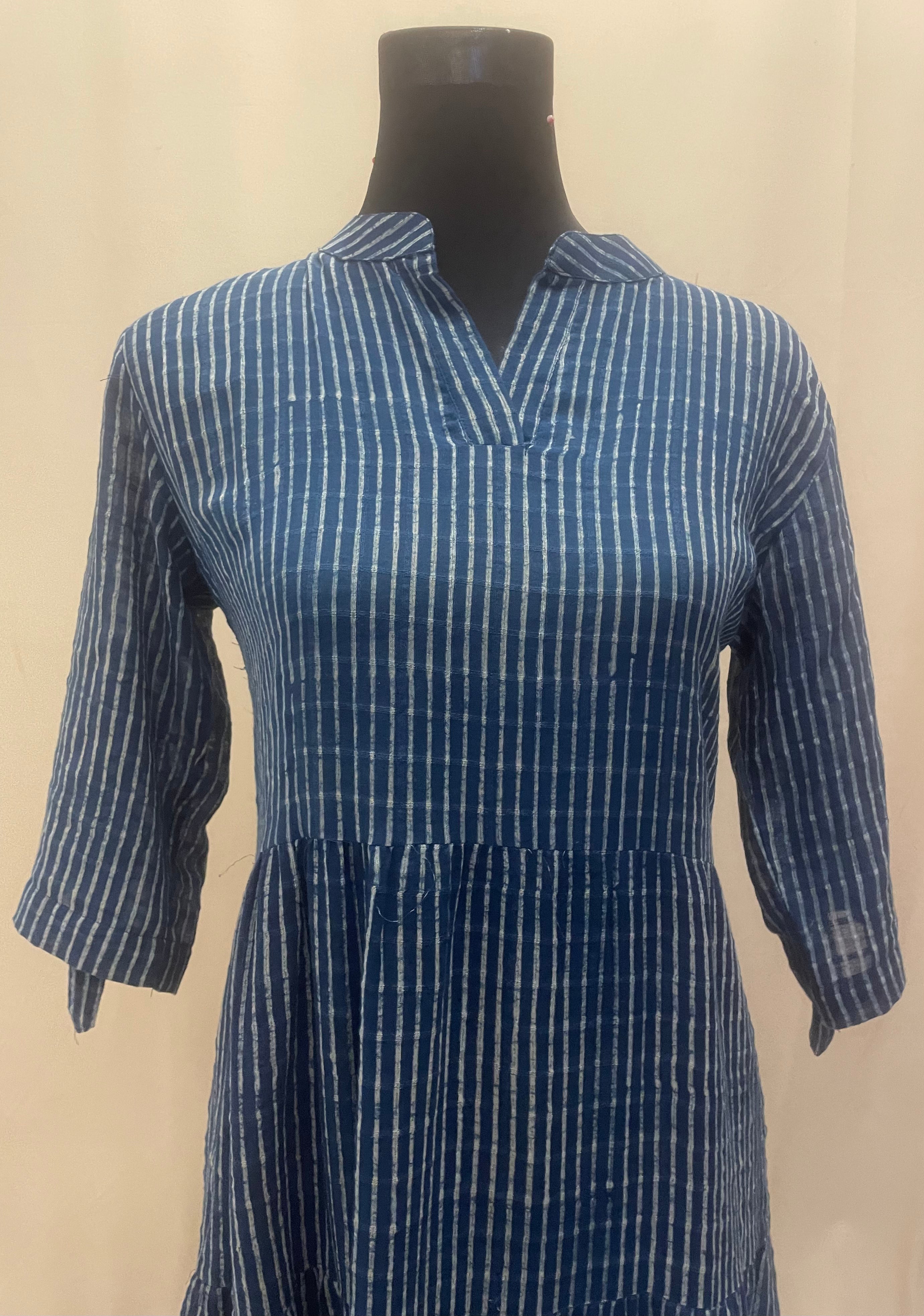 Indigo Slub Cotton Shirt Dress in Stripes