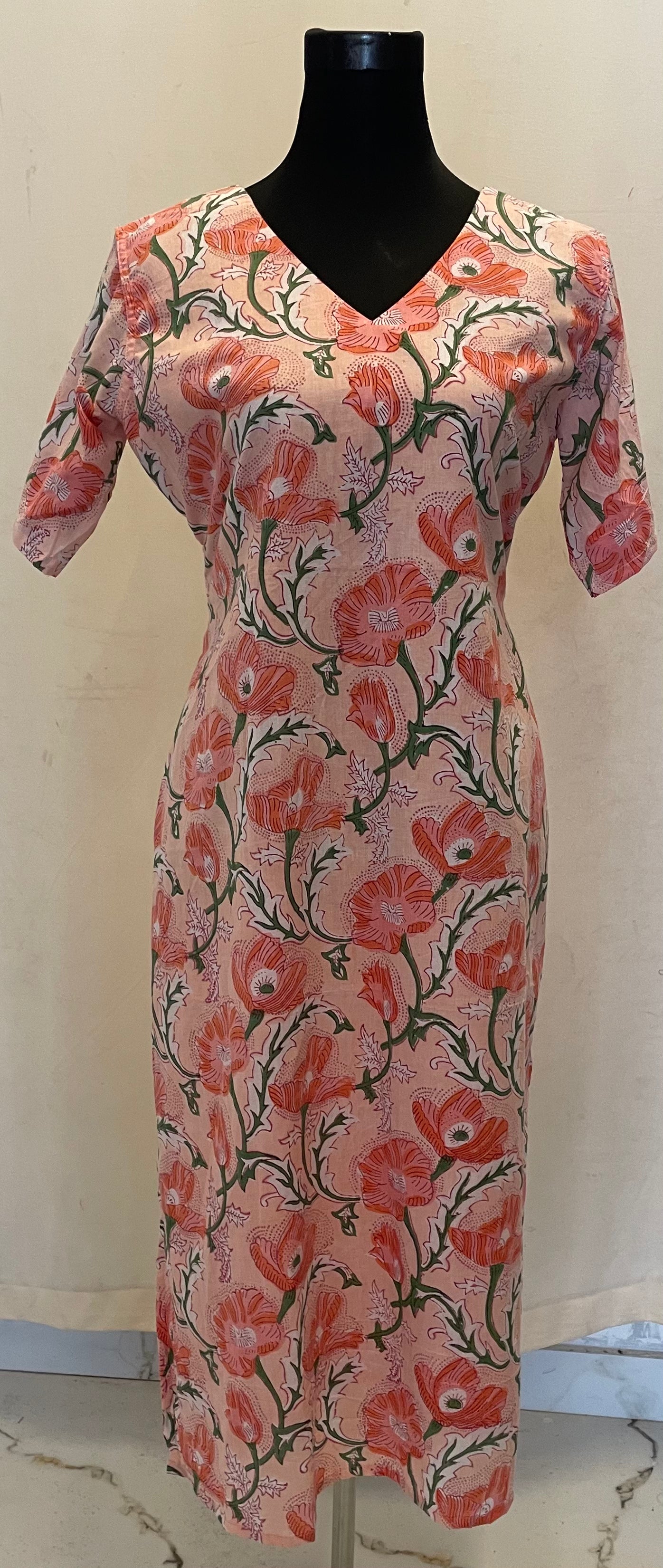 Handblock-printed Midi Dress in Pink