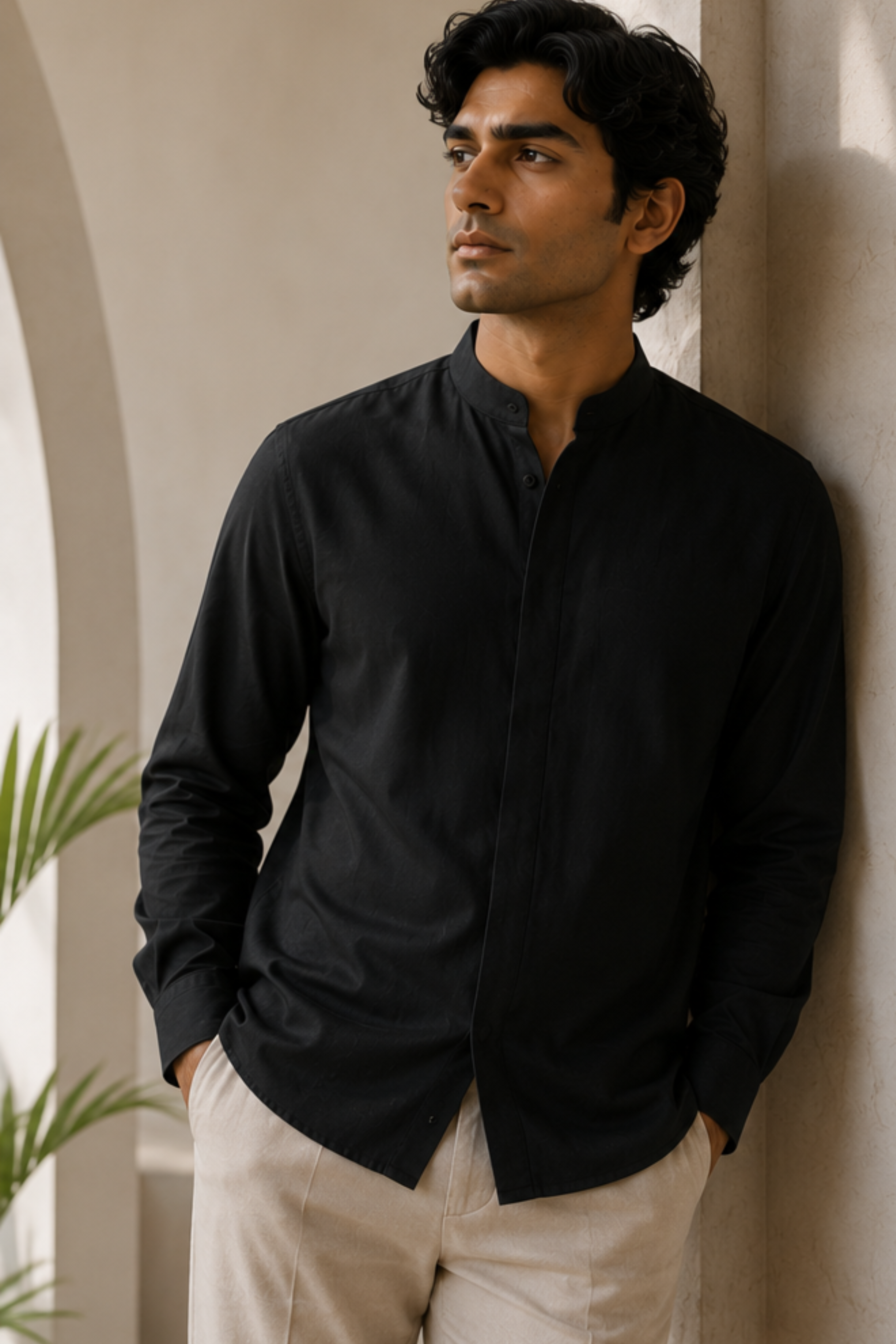 Imperial Charcoal Black Modal Satin Chinese Collar Shirt for Men – Full Sleeve Sustainable Shirt