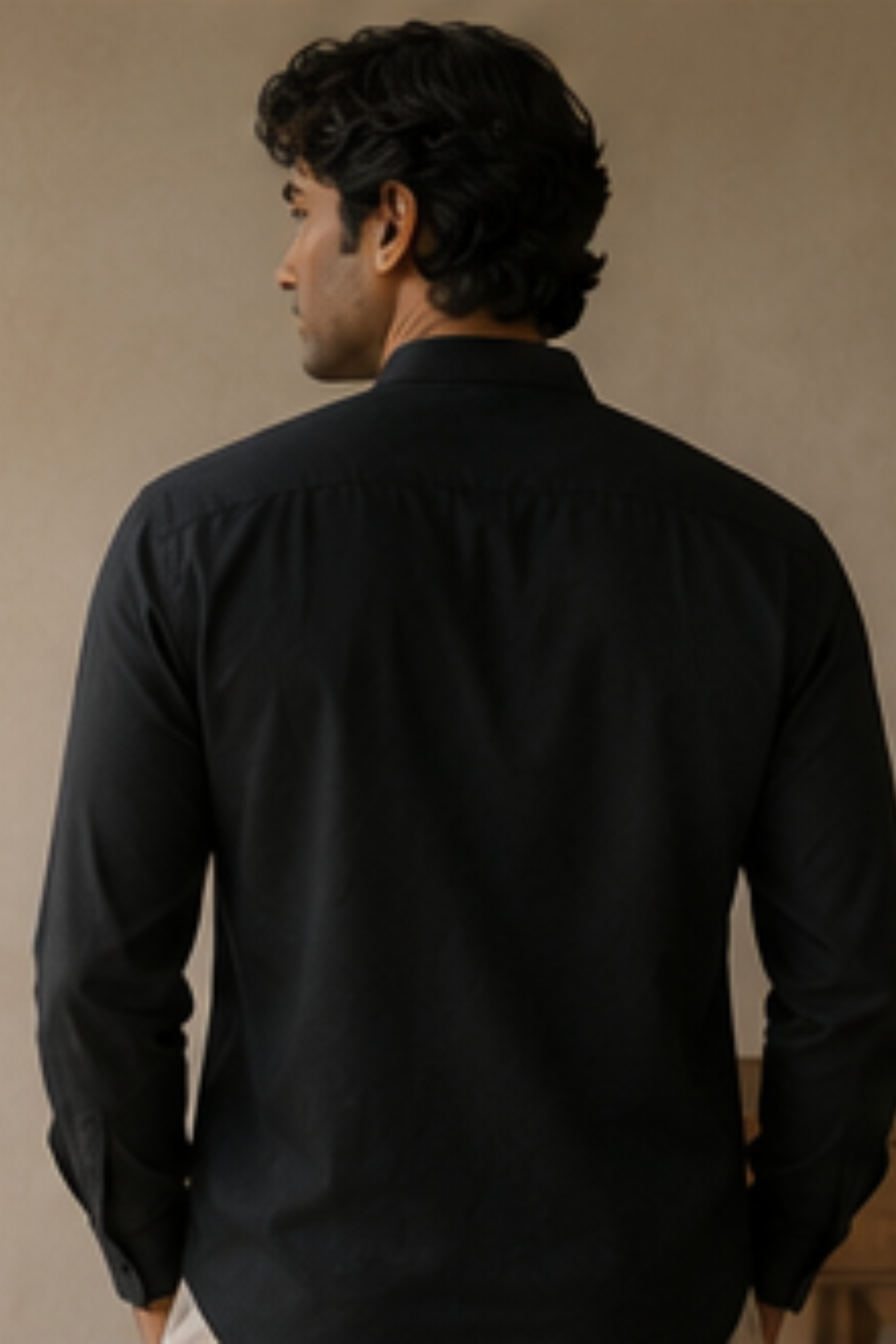 Imperial Charcoal Black Modal Satin Chinese Collar Shirt for Men – Full Sleeve Sustainable Shirt