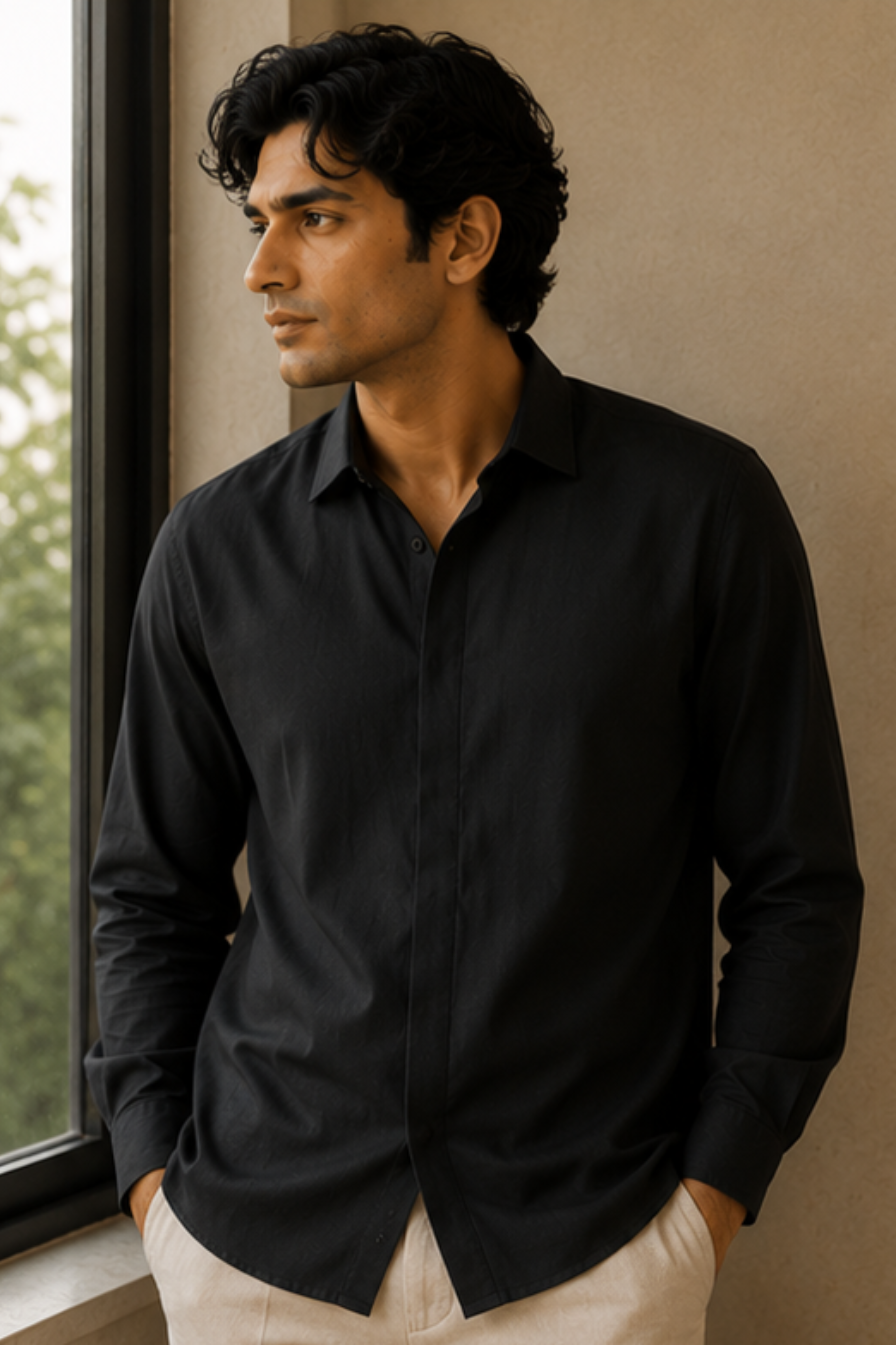 Imperial Charcoal Black Modal Satin Spread Collar Shirt for Men – Full Sleeve Sustainable Shirt