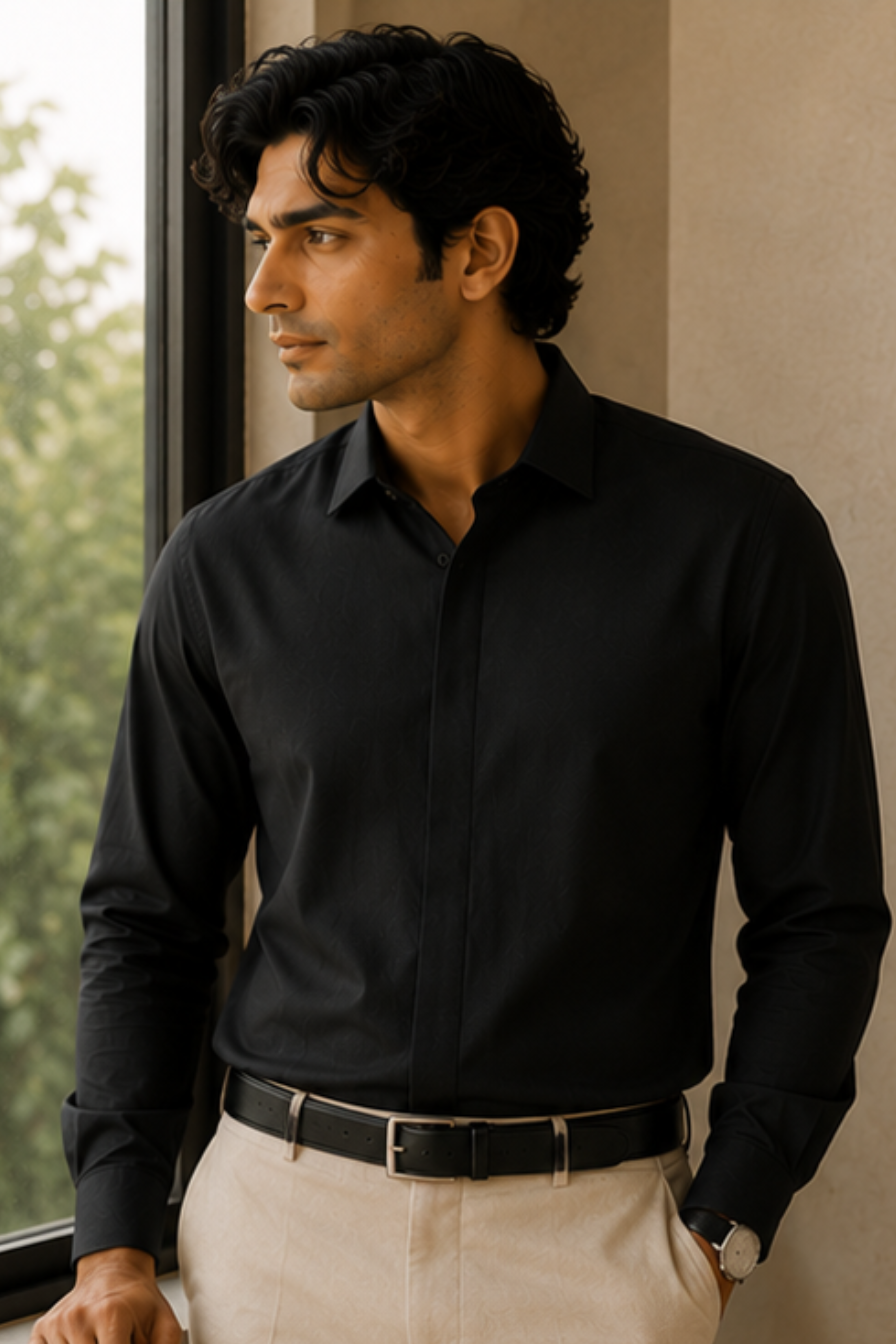 Imperial Charcoal Black Modal Satin Spread Collar Shirt for Men – Full Sleeve Sustainable Shirt