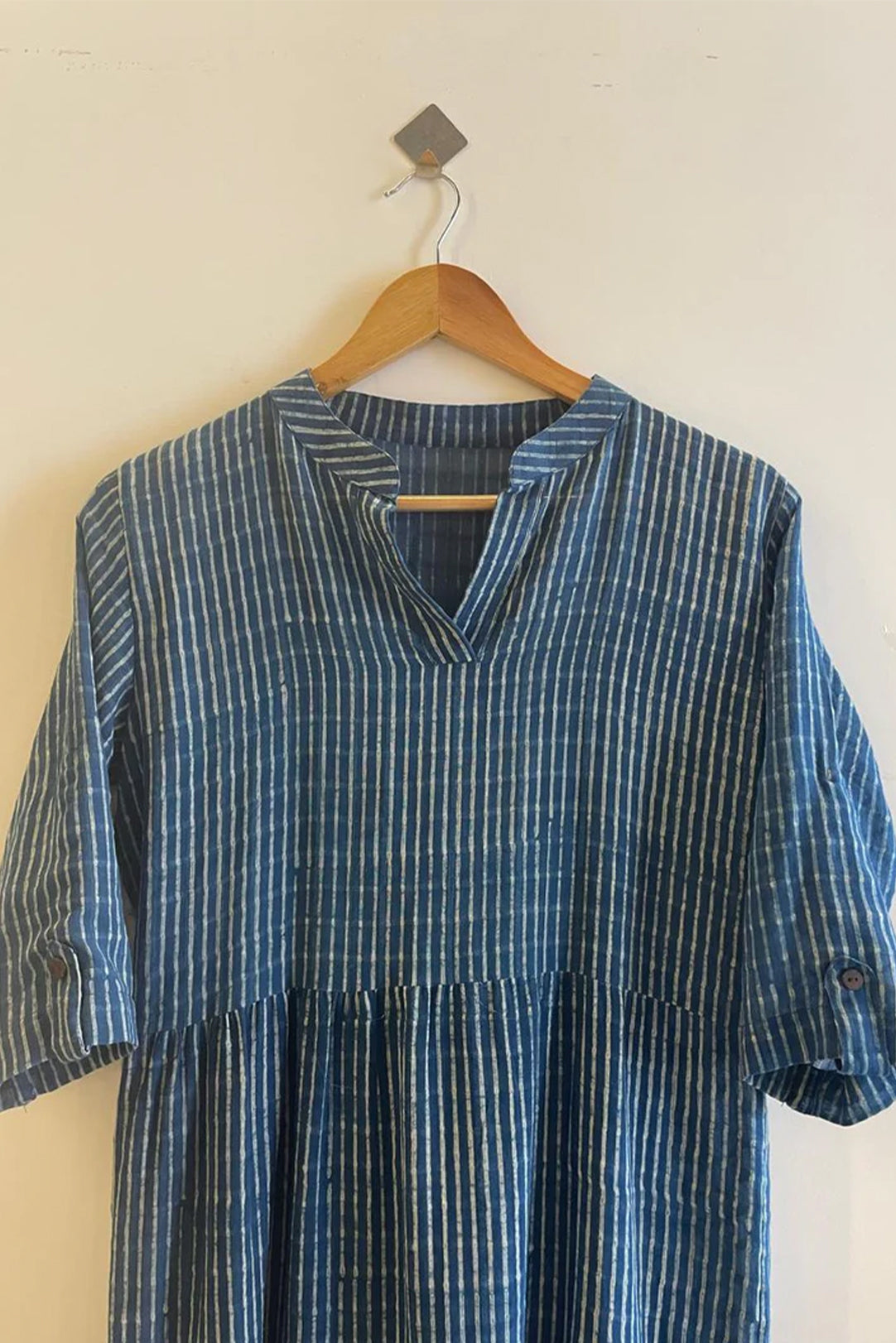 Indigo Slub Cotton Dress in Stripes