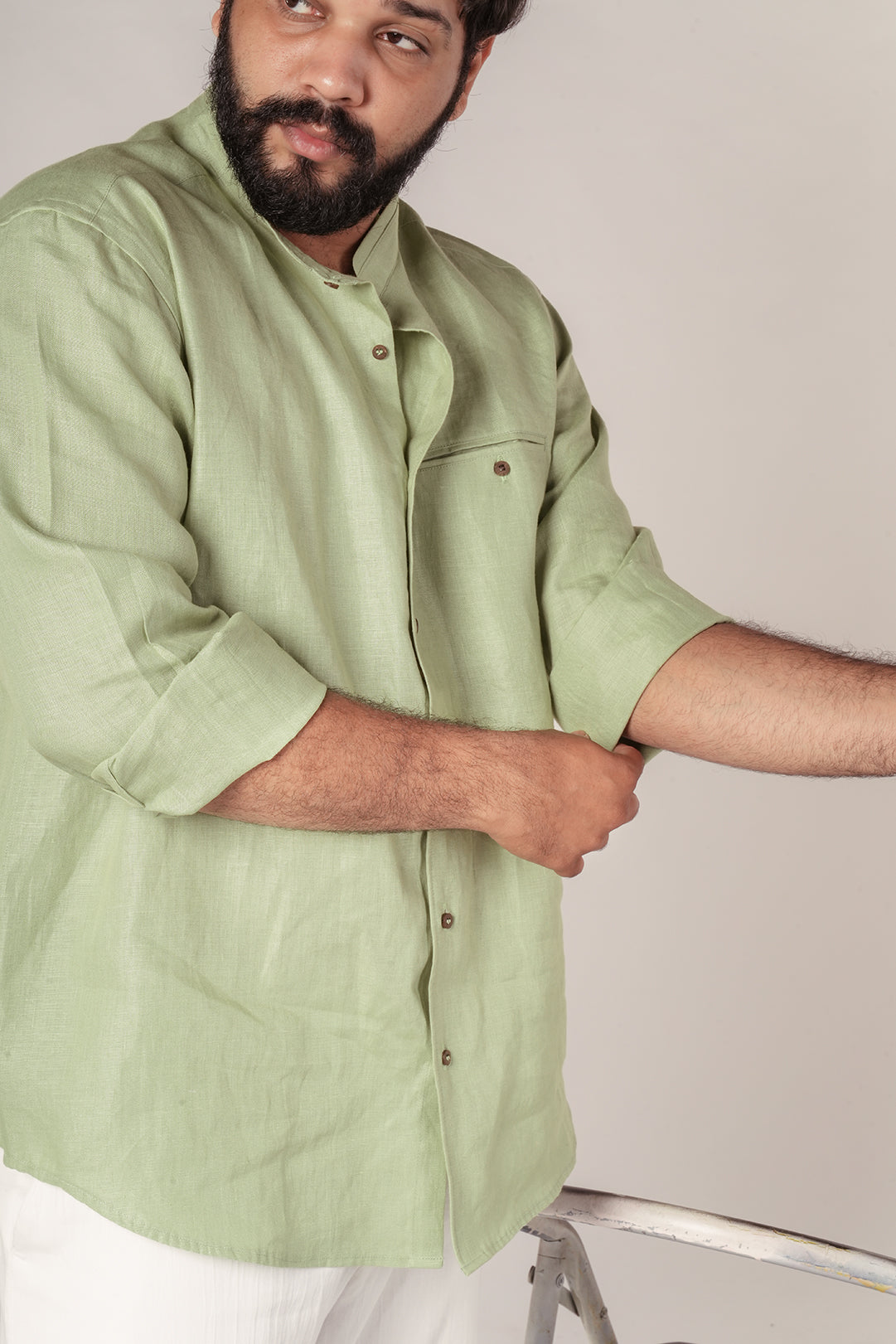 Pista Green Harmony Hemp Shirt with Mandarin Collar