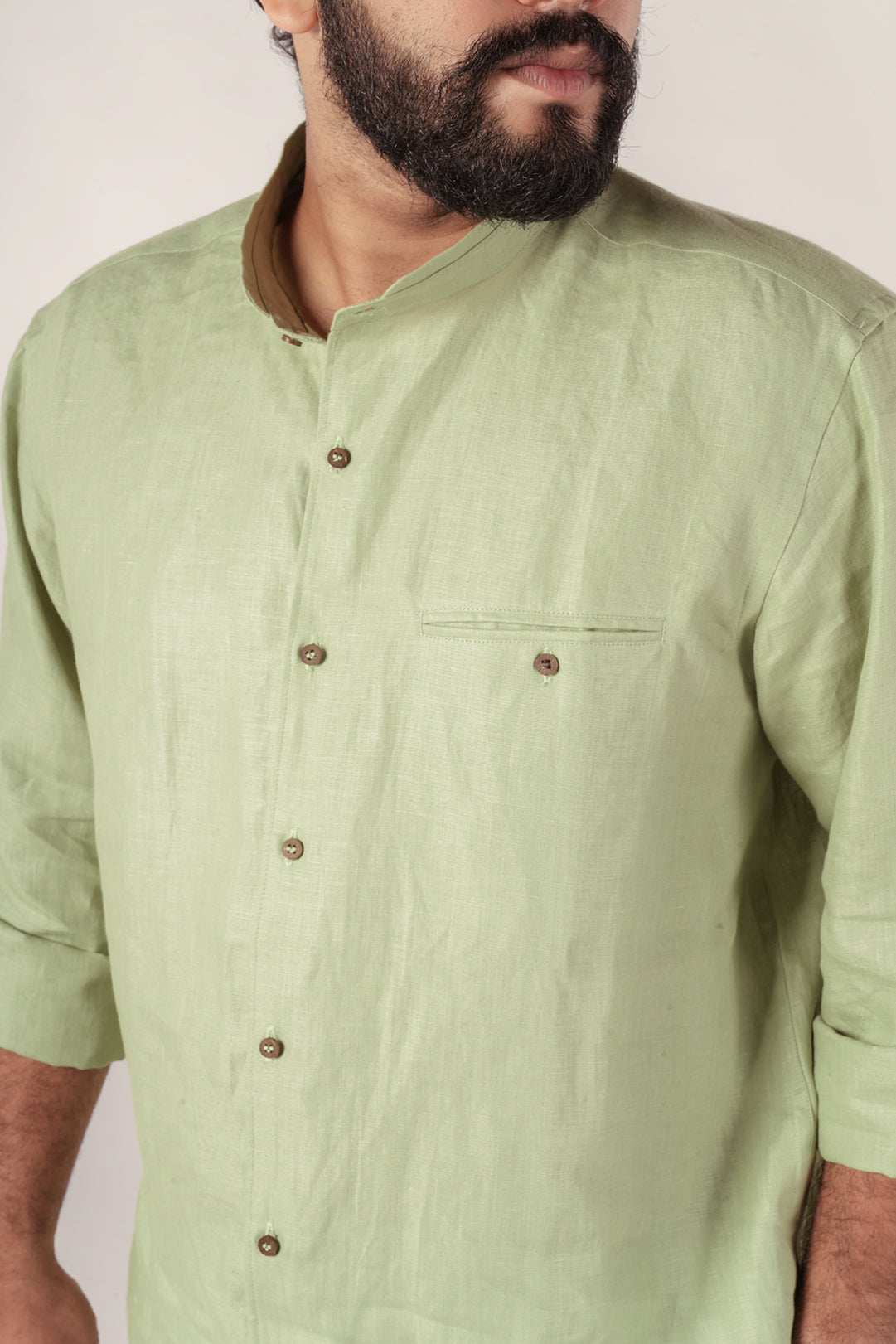 Pista Green Harmony Hemp Shirt with Mandarin Collar