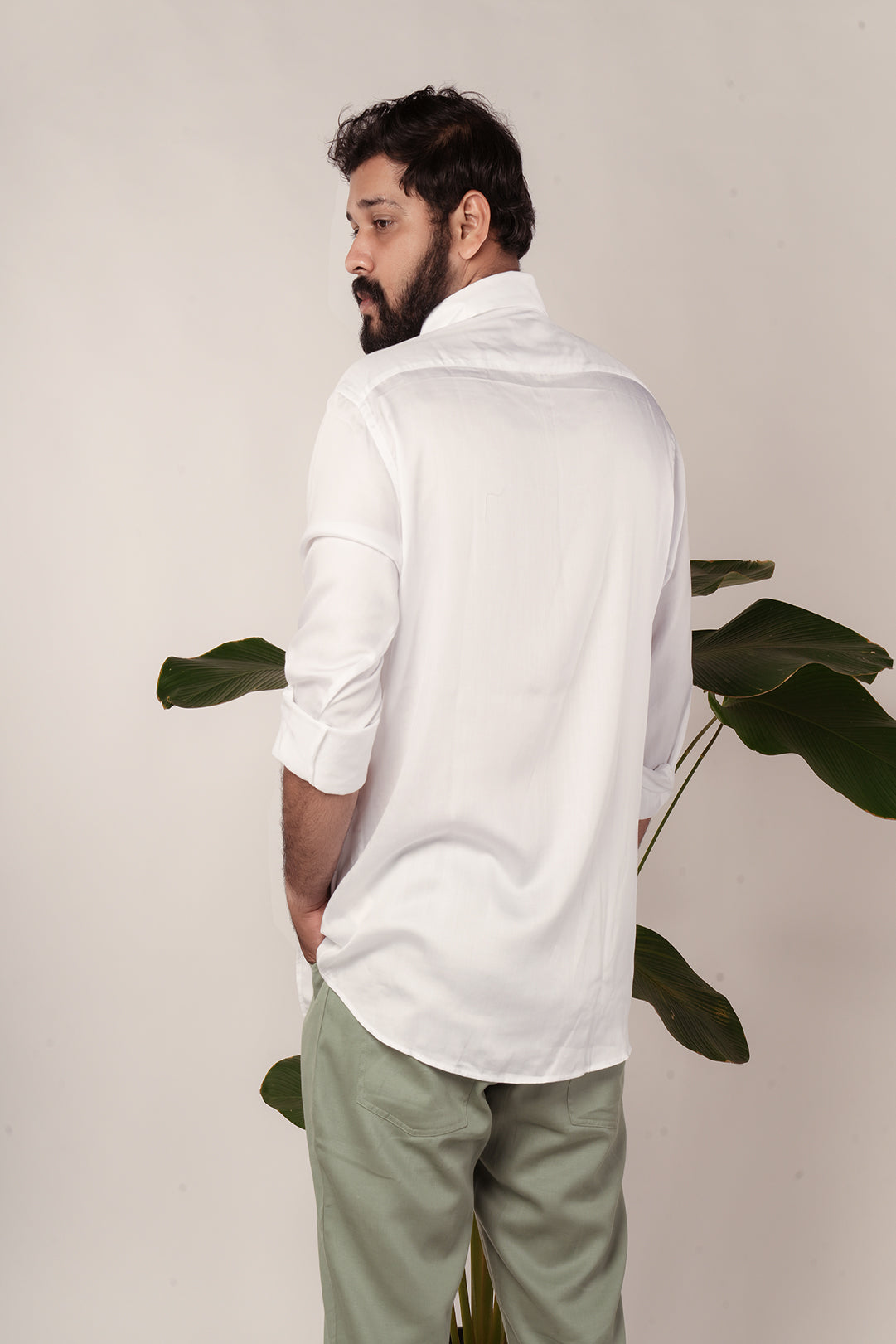 Optic White Zenith Tencel™ Satin Shirt with Spread Collar