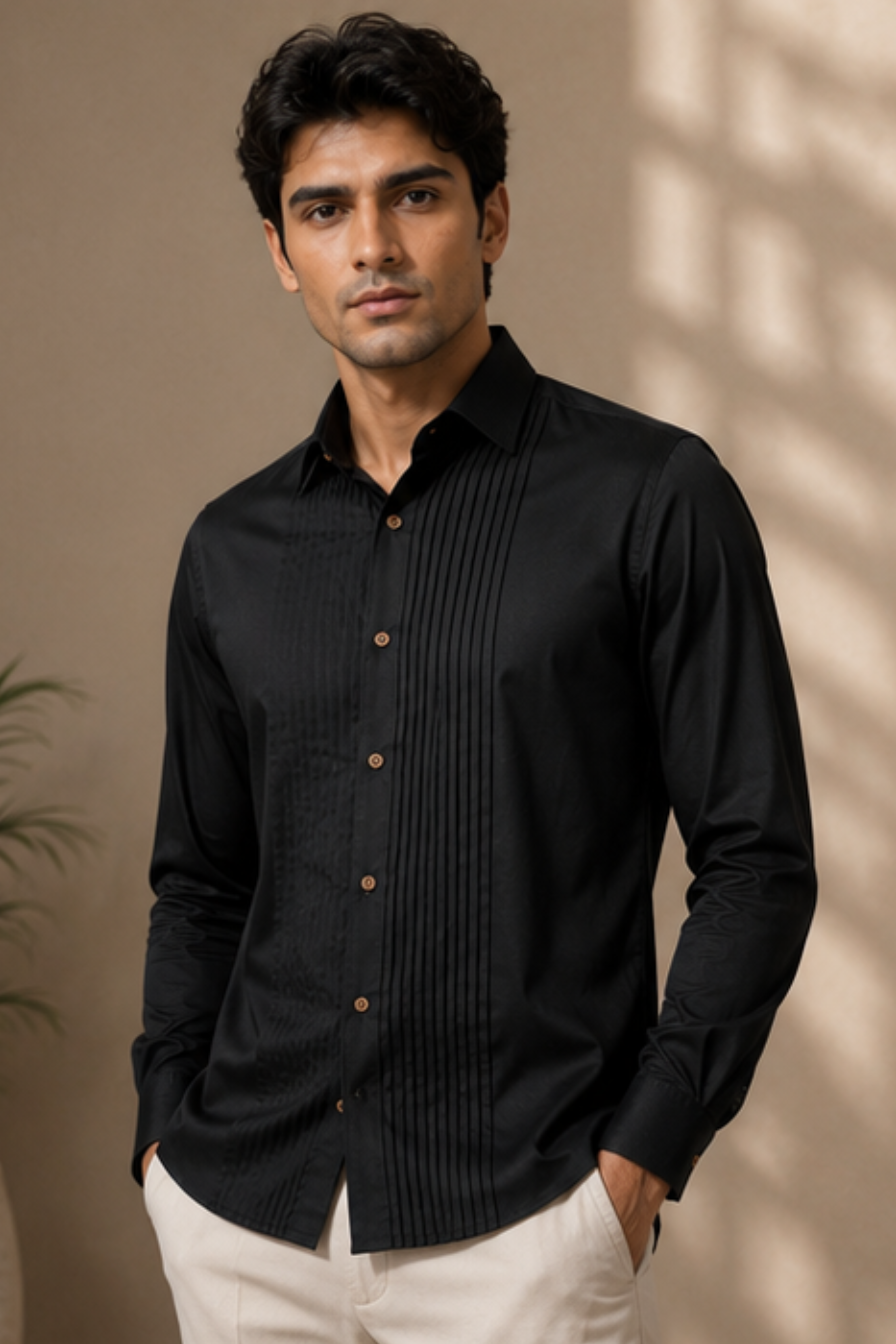 Noir Tencel™ Satin Tuxedo Shirt – Jet Black Full Sleeve Shirt for Men