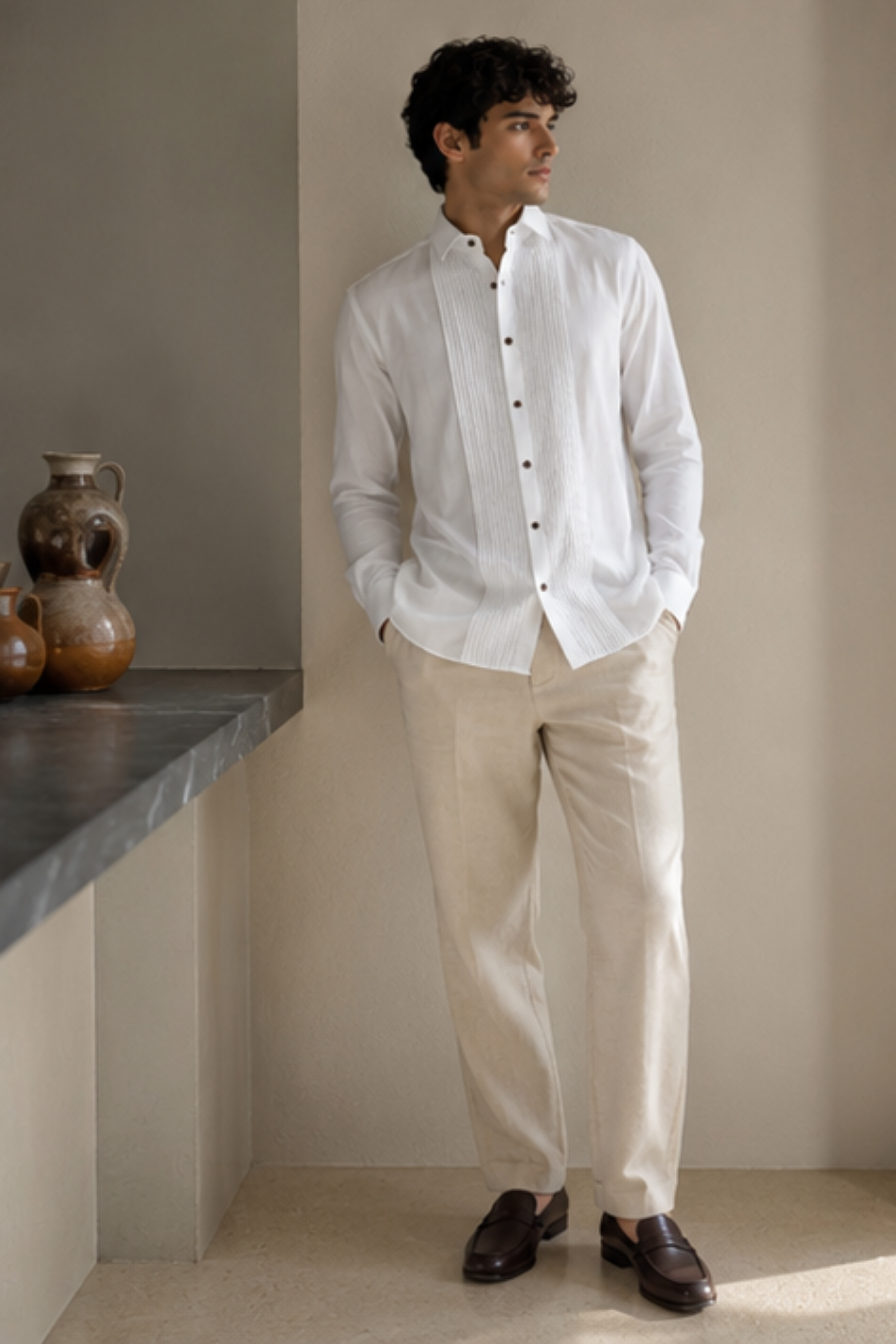 Noir Tencel™ Satin Tuxedo Shirt – Optic White Full Sleeve Shirt for Men