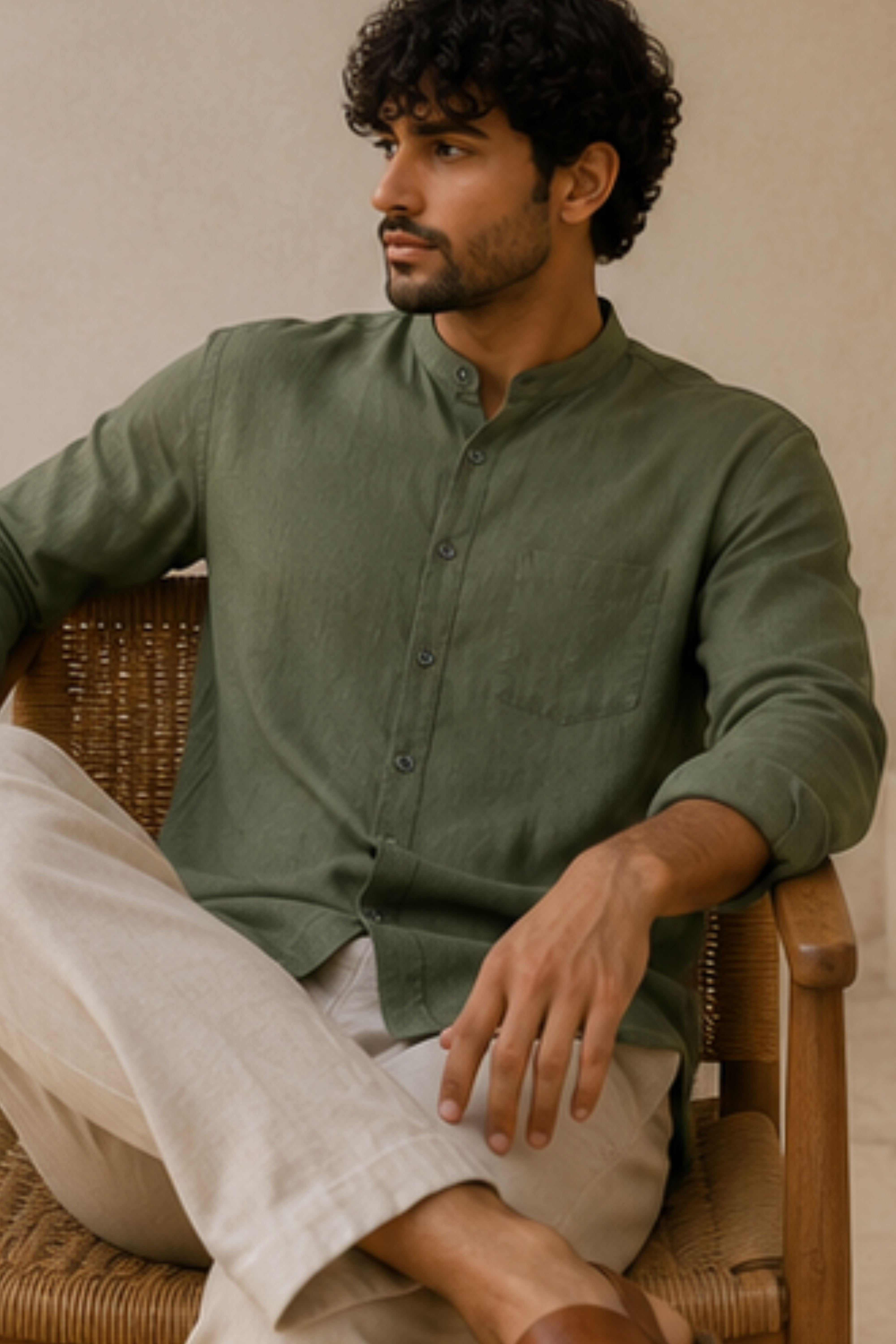 Harmony Olive Branch Hemp Shirt with Chinese Collar – Premium Full Sleeve Shirt for Men