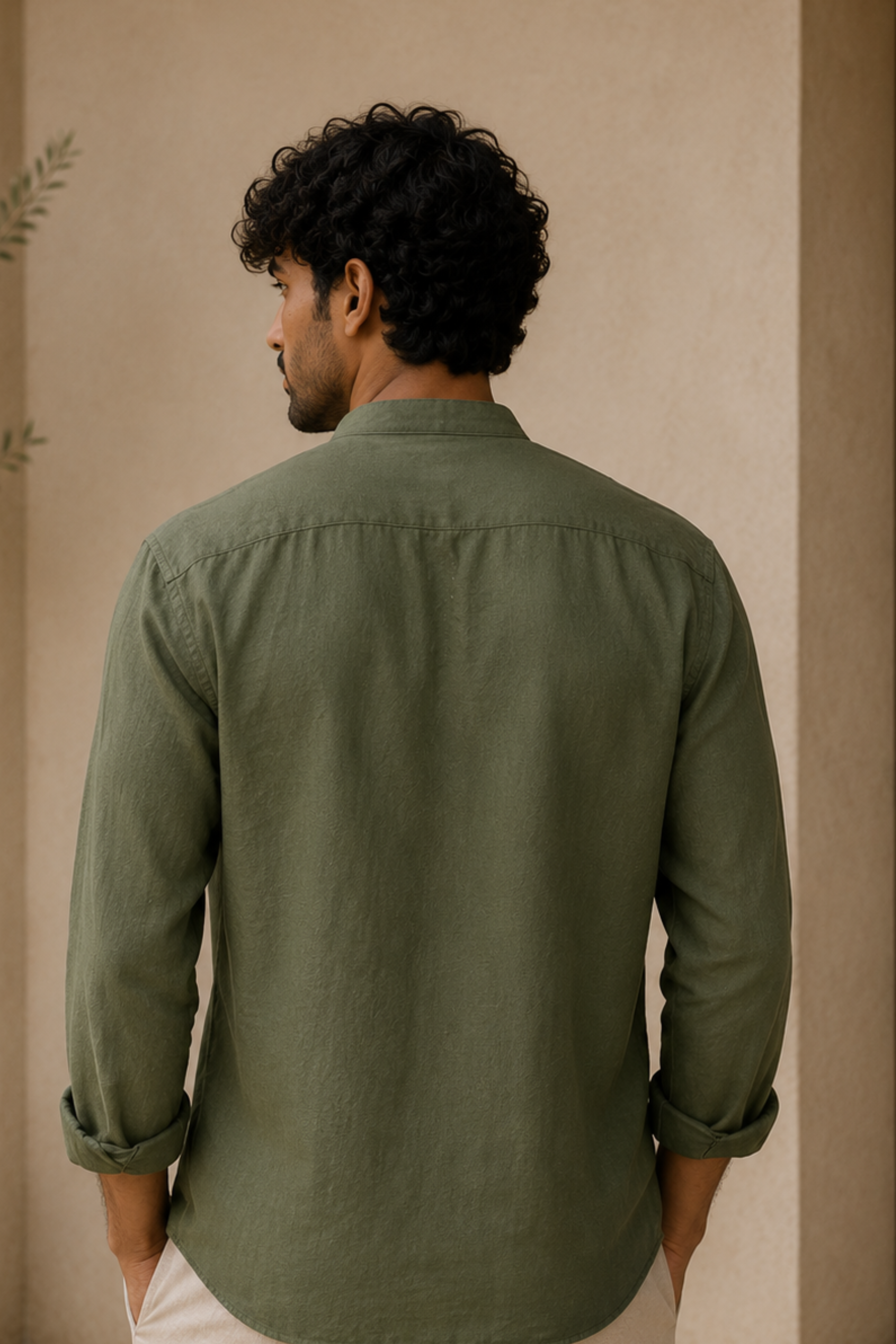 Harmony Olive Branch Hemp Shirt with Chinese Collar – Premium Full Sleeve Shirt for Men