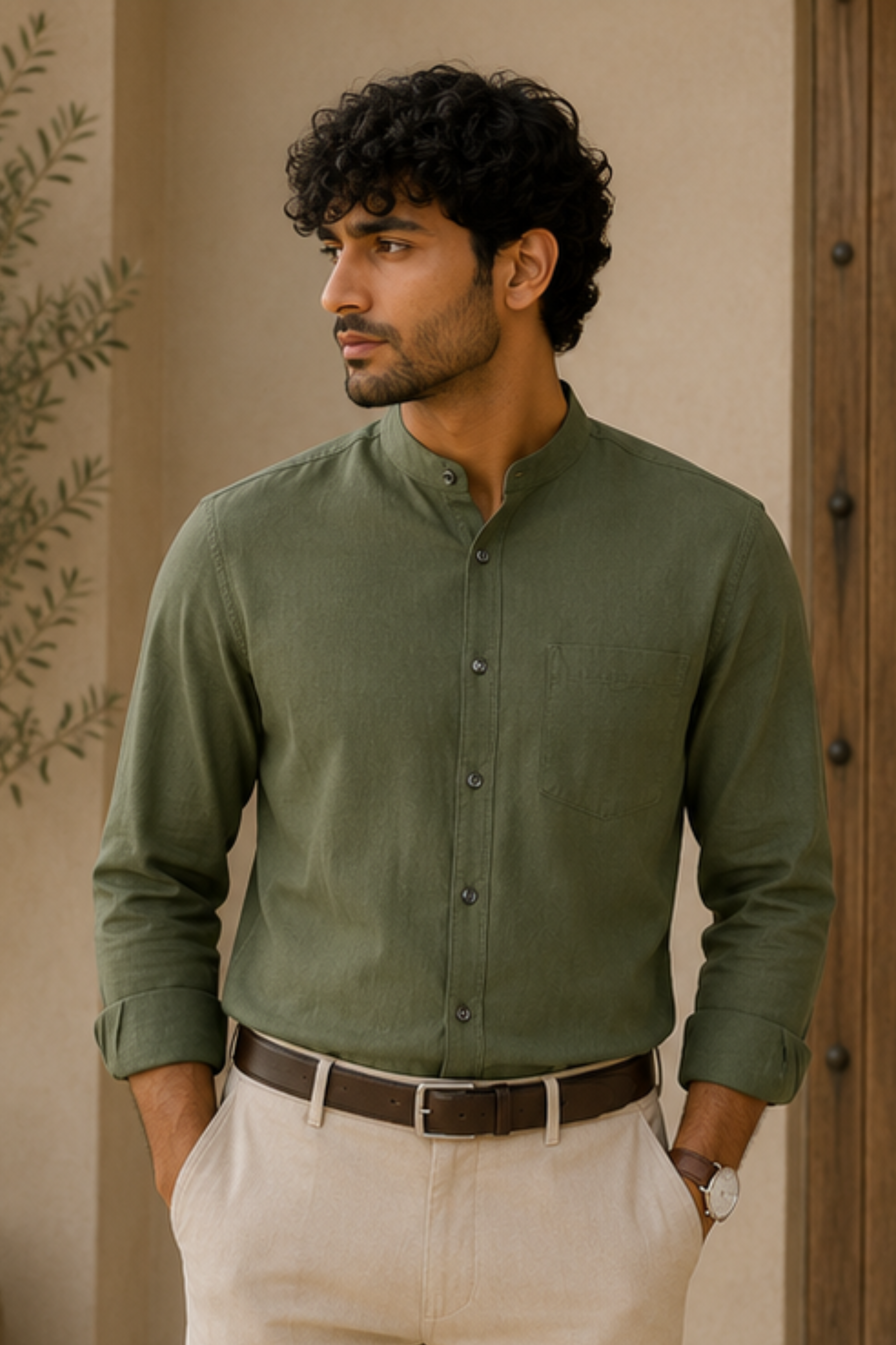 Harmony Olive Branch Hemp Shirt with Chinese Collar – Premium Full Sleeve Shirt for Men