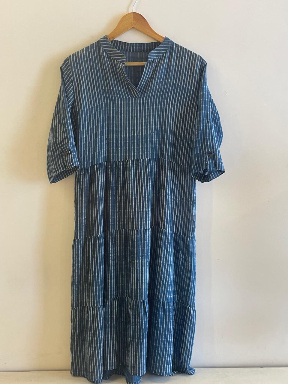 Indigo Slub Cotton Dress in Stripes