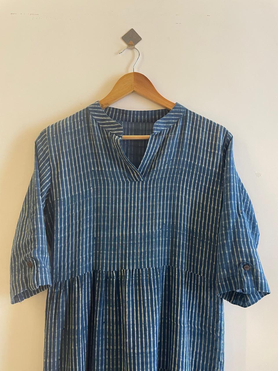 Indigo Slub Cotton Dress in Stripes