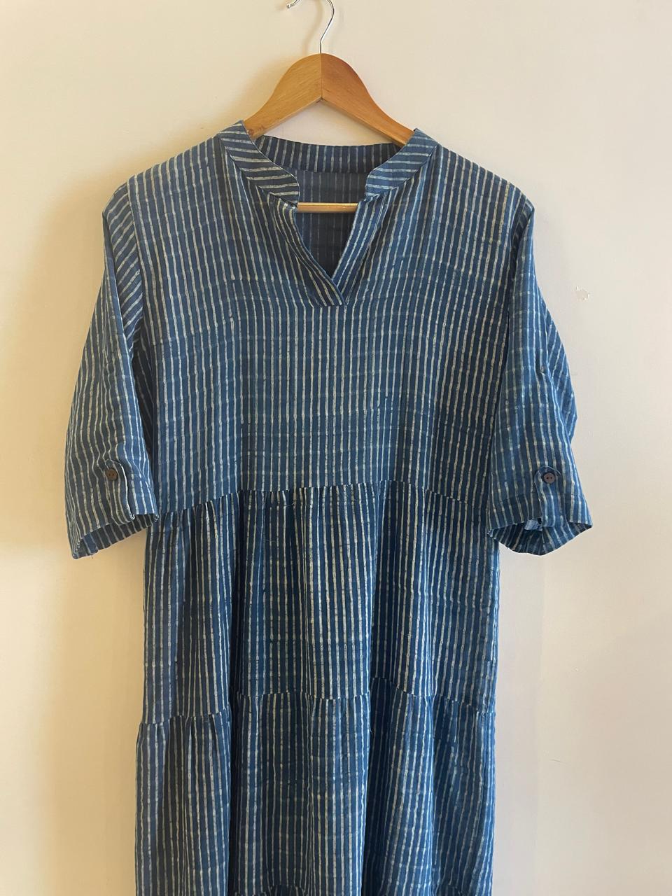 Indigo Slub Cotton Dress in Stripes