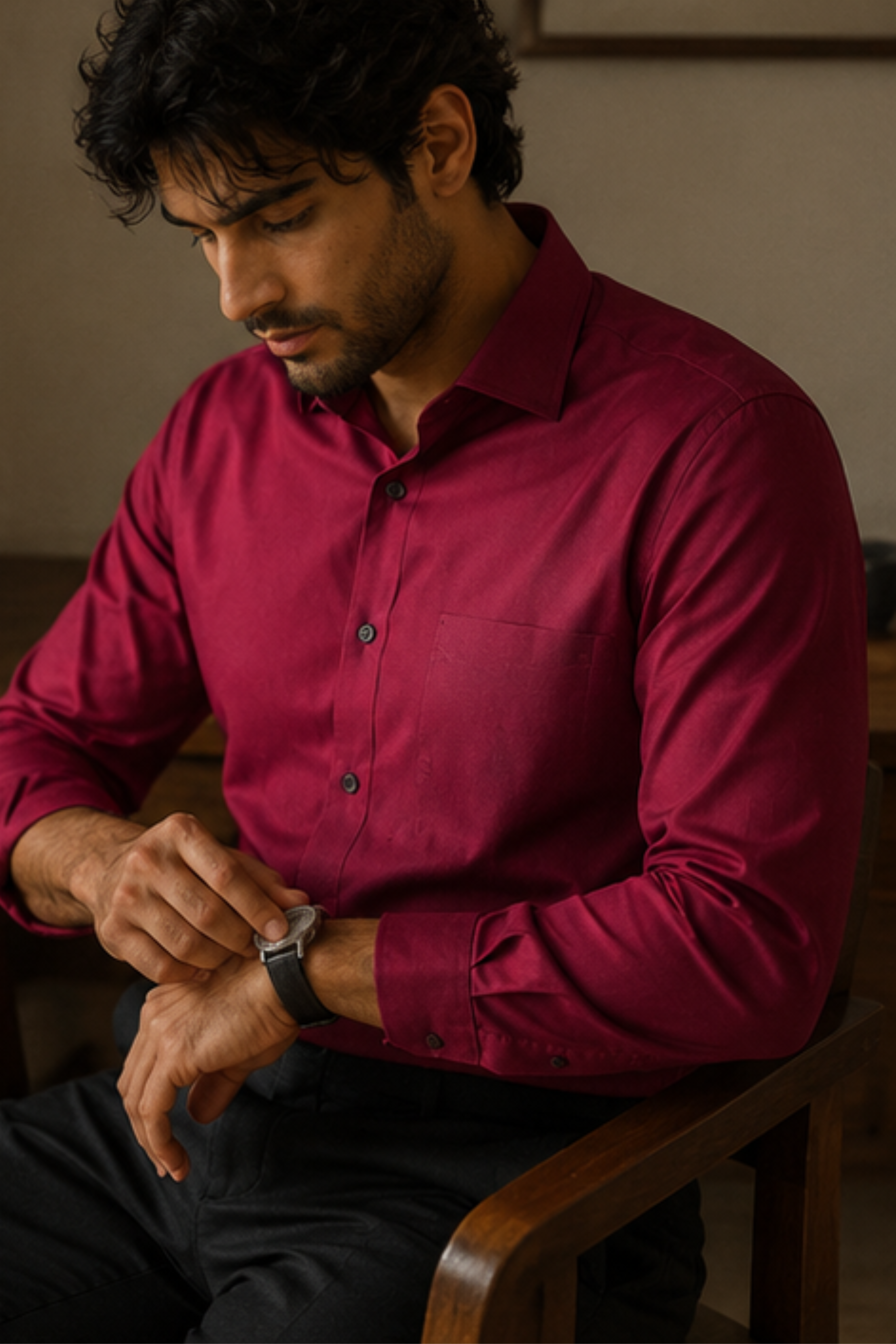 Imperial Royal Maroon Modal Satin Spread Collar Shirt for Men – Full Sleeve Sustainable Shirt