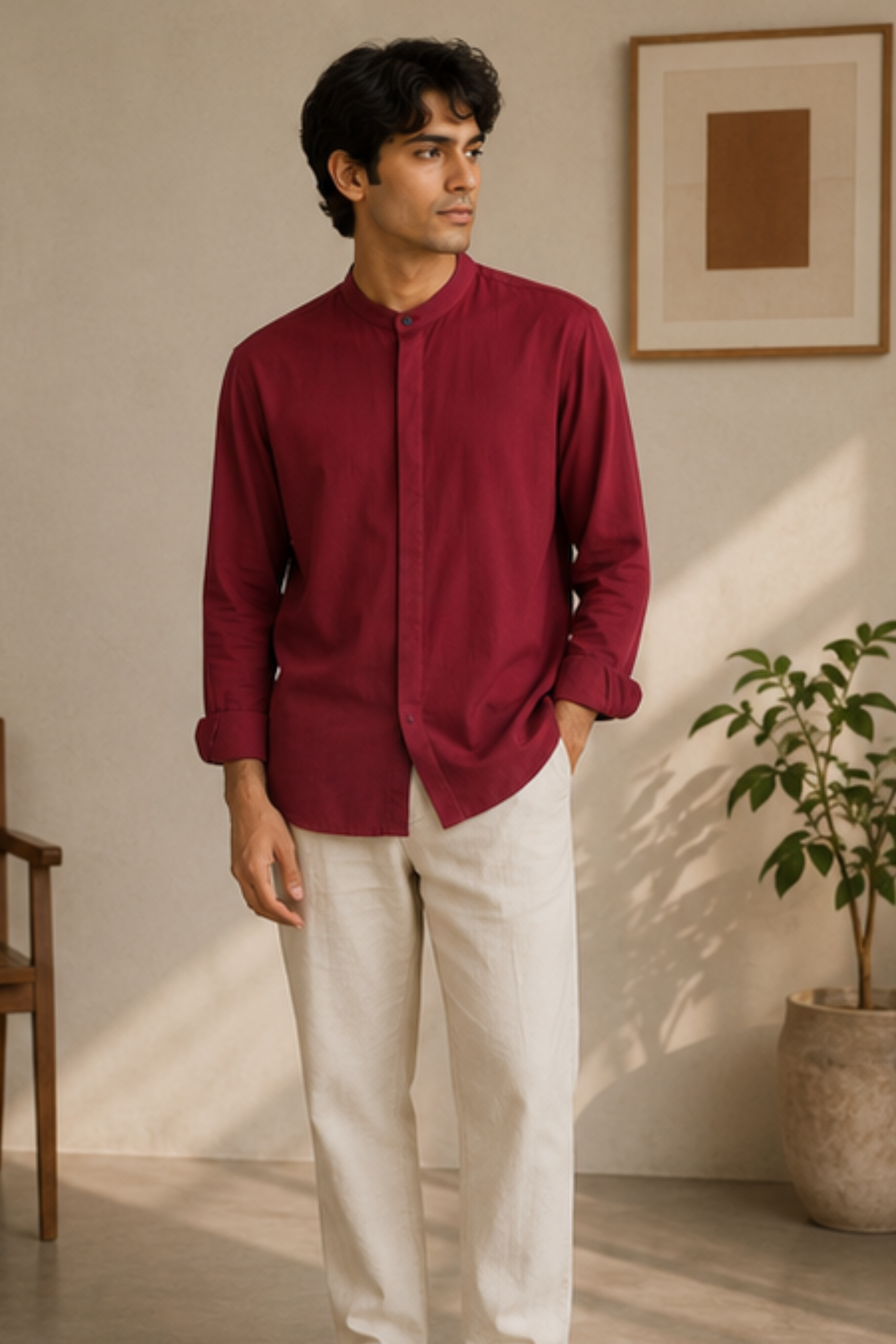 Imperial Royal Maroon Modal Satin Chinese Collar Shirt for Men – Full Sleeve Sustainable Shirt