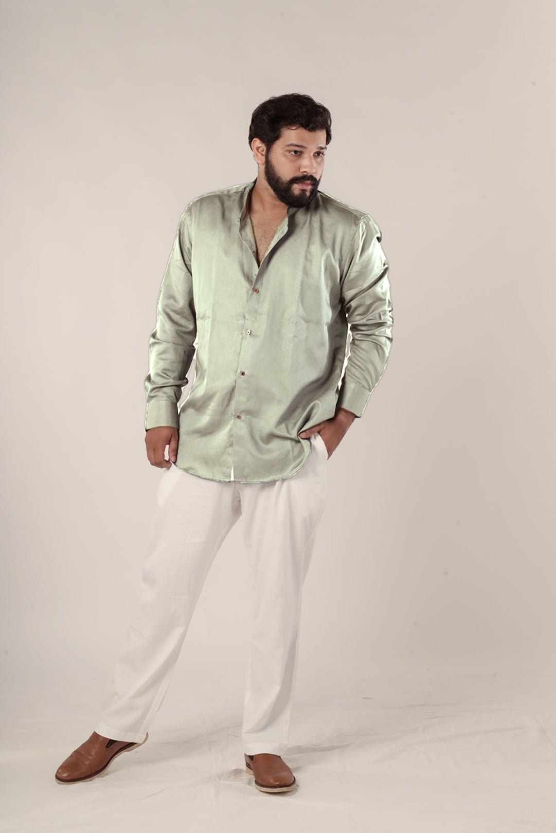 Sage Green Zenith Tencel™ Satin Shirt with Mandarin Collar