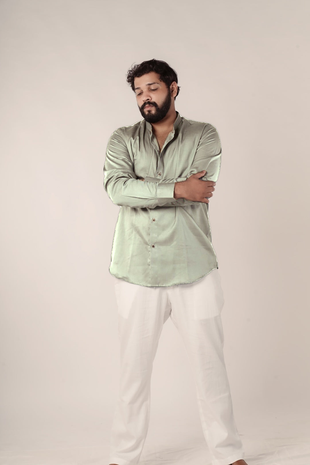 Sage Green Zenith Tencel™ Satin Shirt with Mandarin Collar