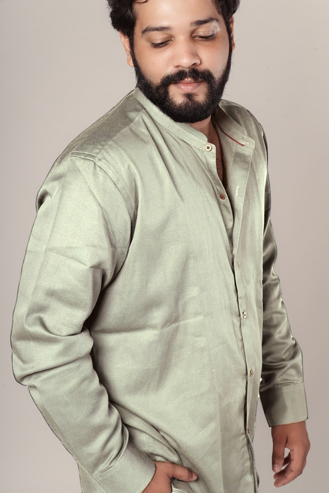 Sage Green Zenith Tencel™ Satin Shirt with Mandarin Collar