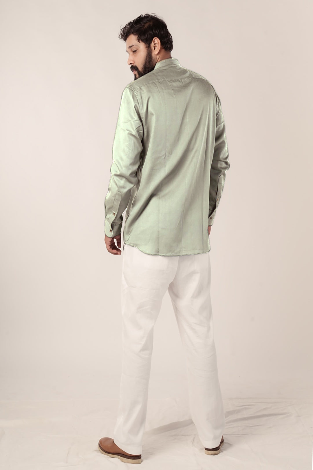 Sage Green Zenith Tencel™ Satin Shirt with Mandarin Collar