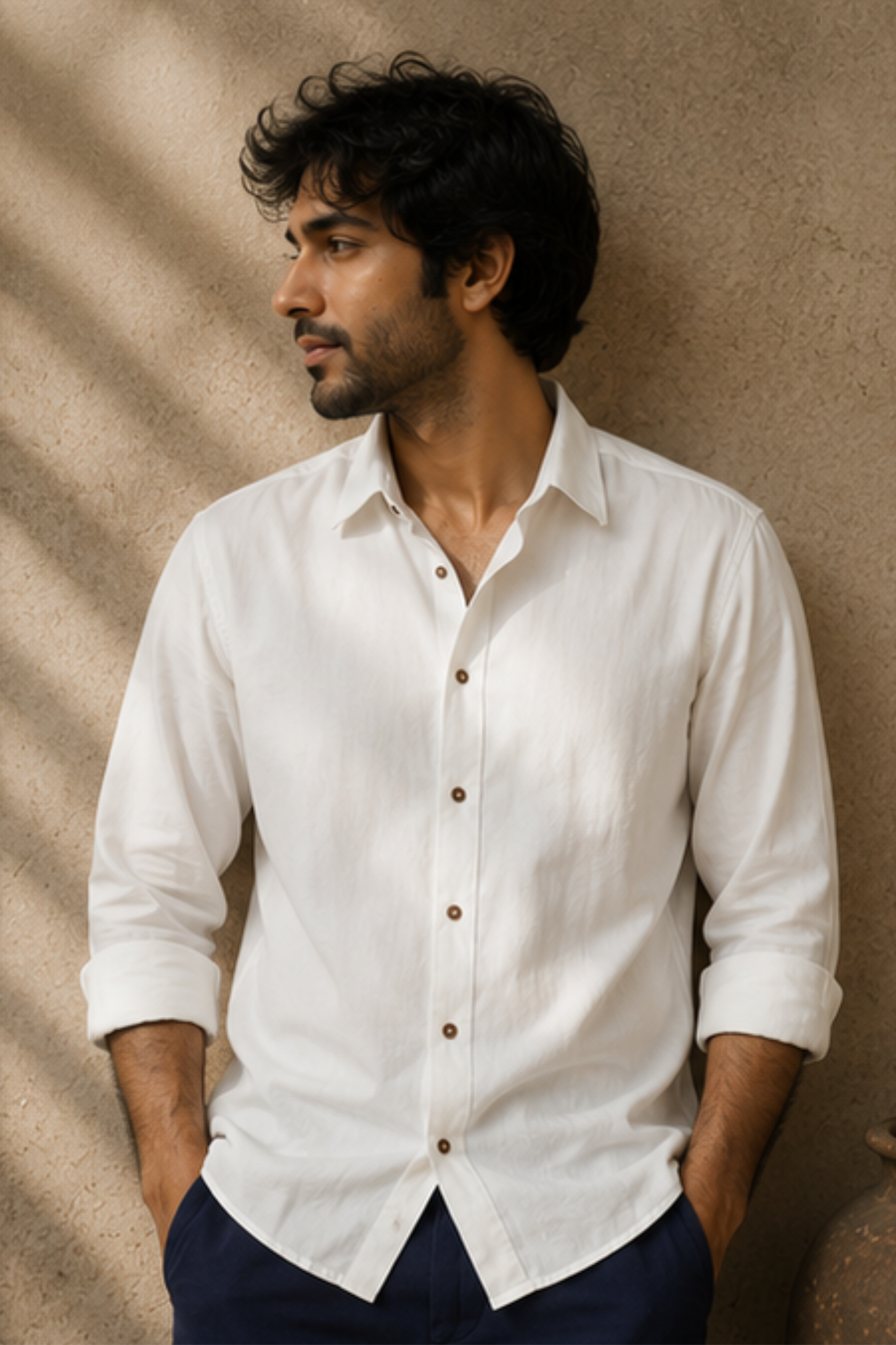 Serene Ayurvedic Cotton Shirt with Spread Collar – Off White Full Sleeve Cotton Shirt for Men