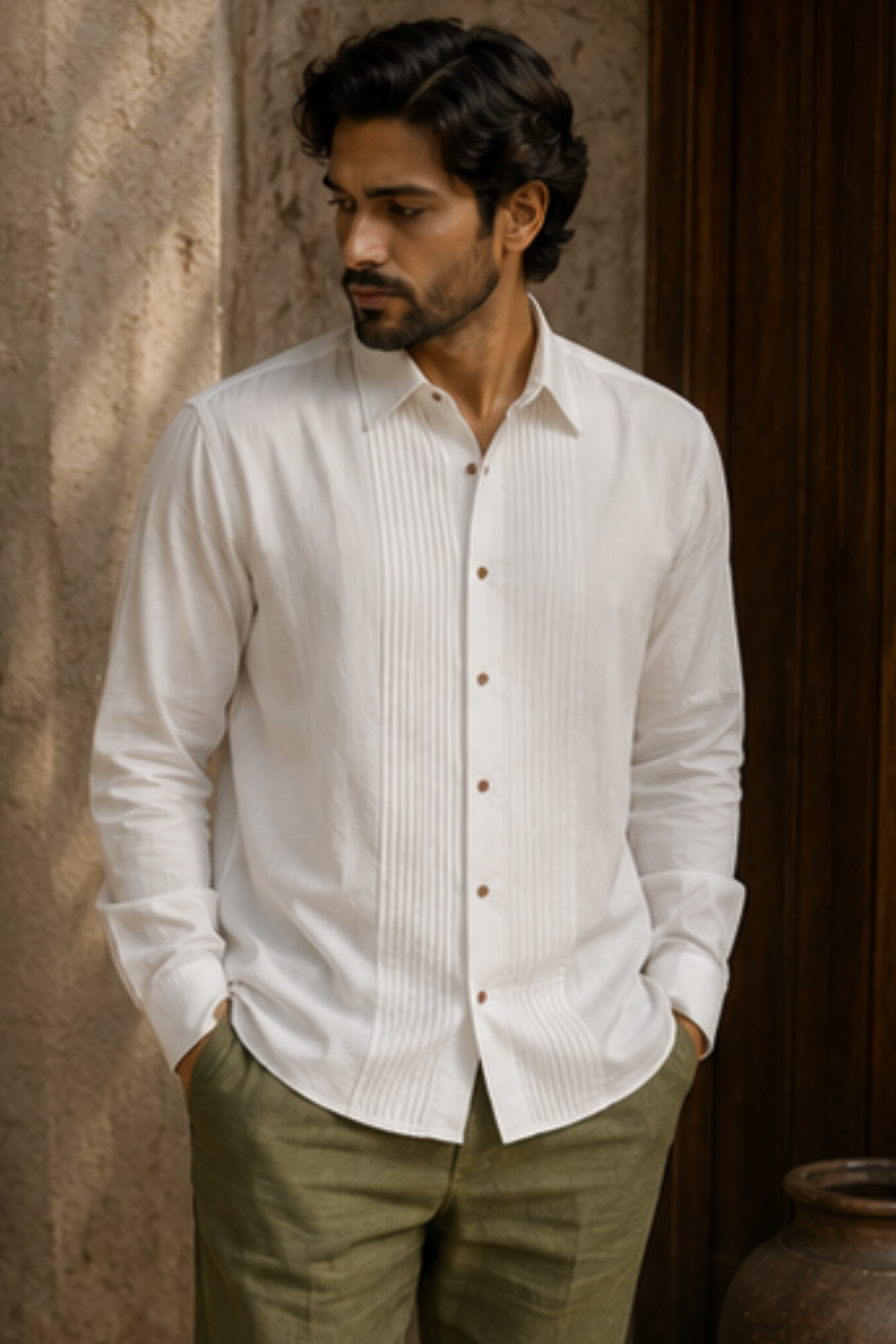 Serene Ayurvedic Cotton Tuxedo Shirt with Spread Collar – Off White Full Sleeve Cotton Shirt for Men