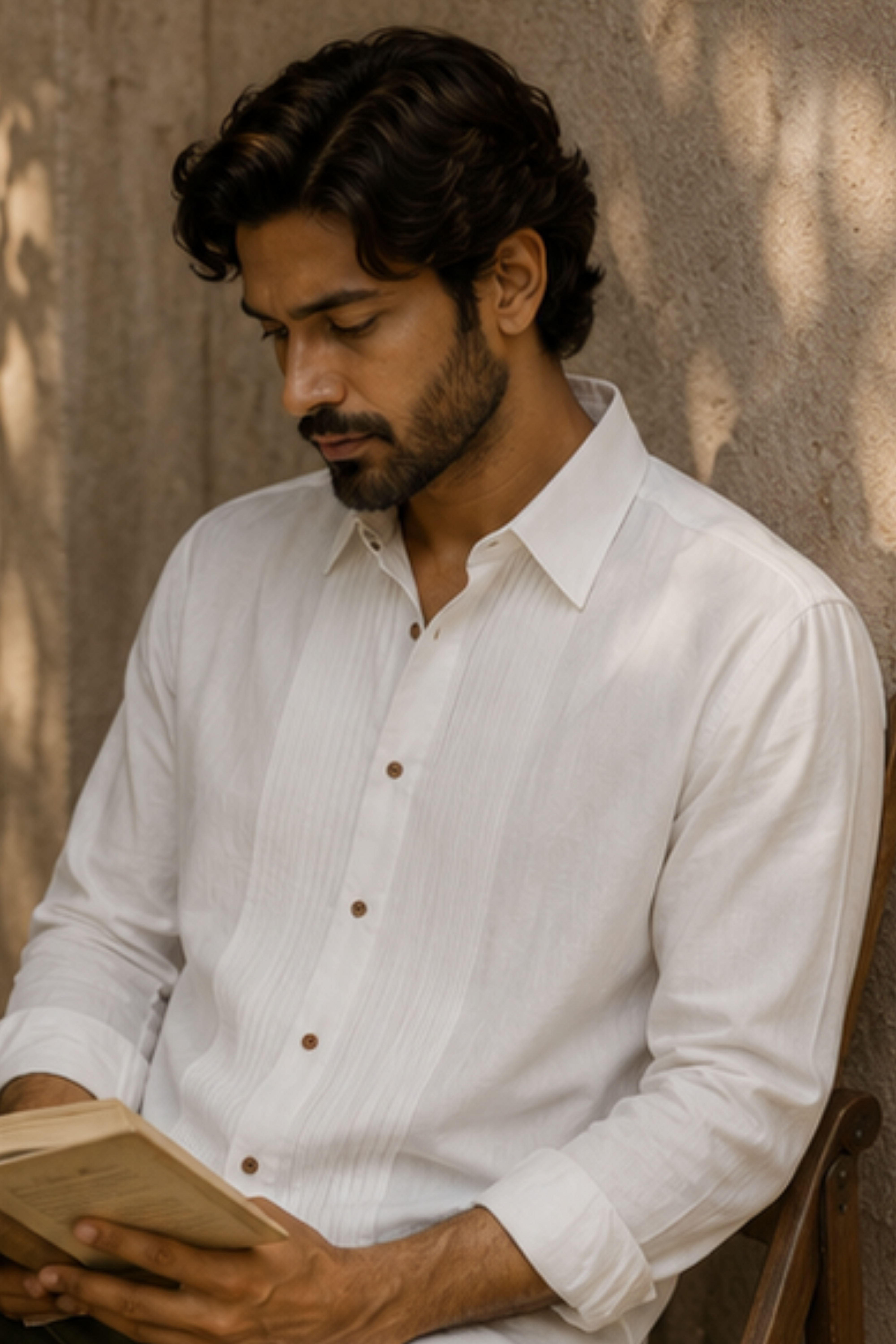Serene Ayurvedic Cotton Tuxedo Shirt with Spread Collar – Off White Full Sleeve Cotton Shirt for Men