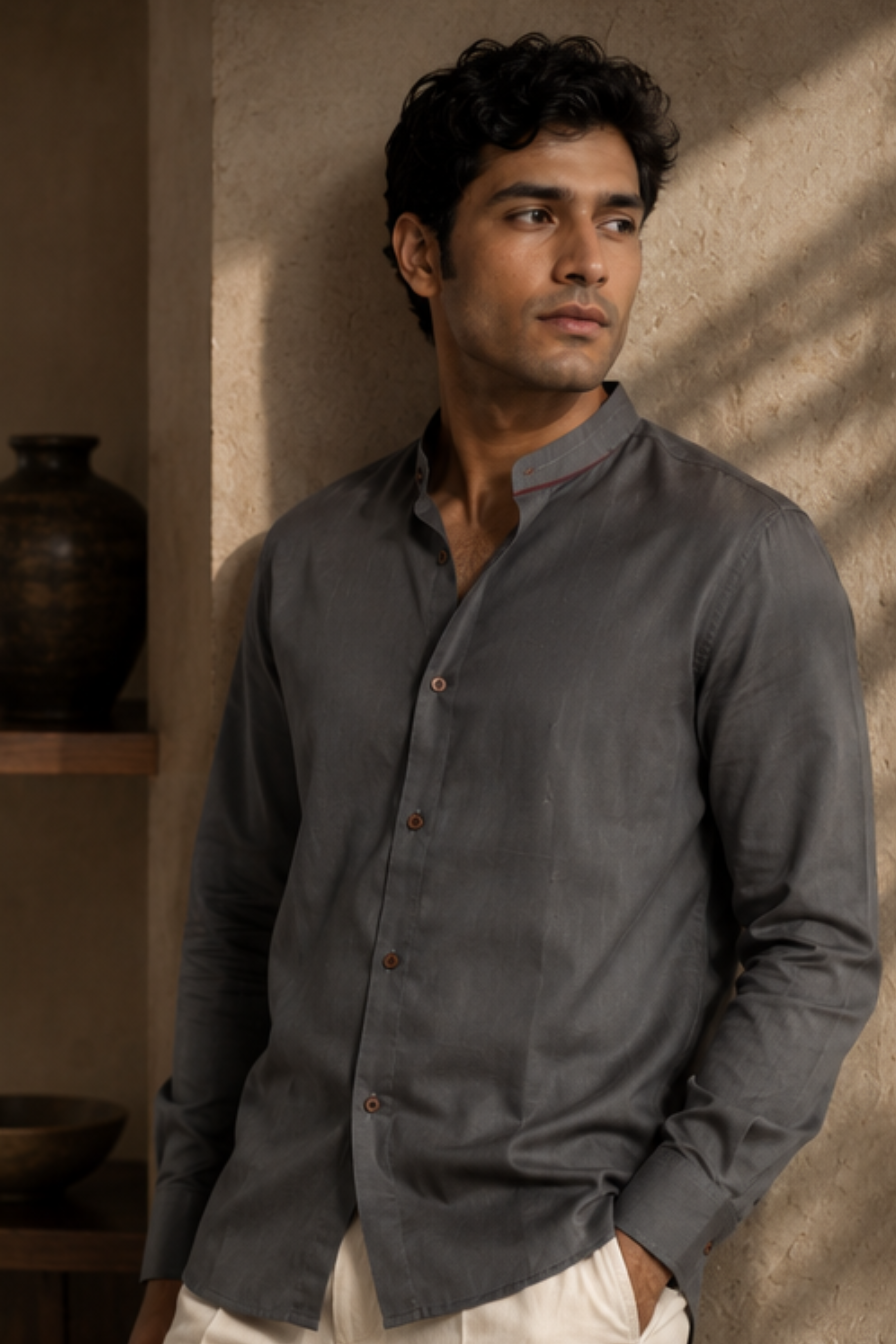 Strata Tencel™ Flax Chinese Collar Shirt – Steel Grey Cotton Linen Blend Full Sleeve Shirt for Men