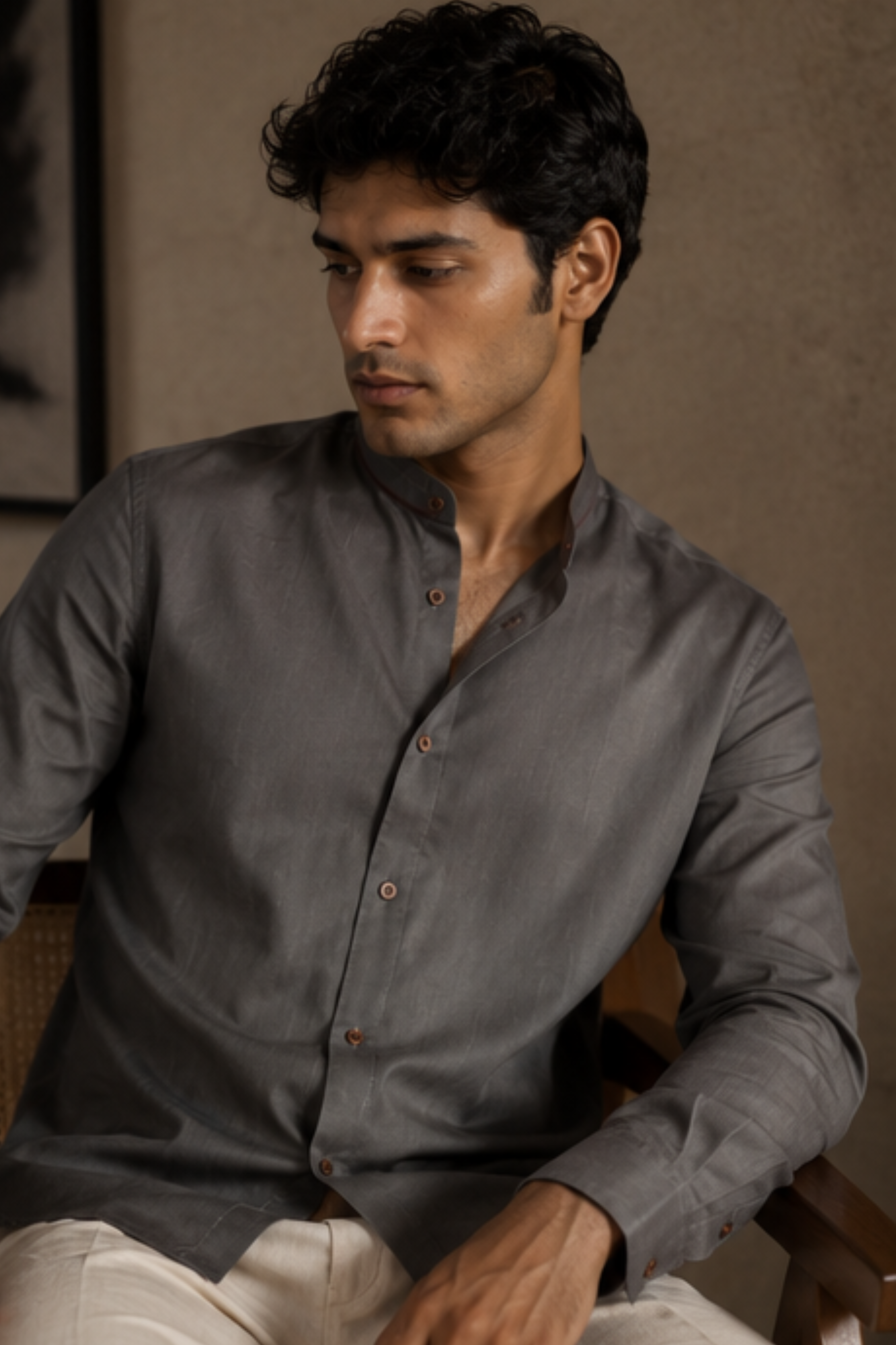 Strata Tencel™ Flax Chinese Collar Shirt – Steel Grey Cotton Linen Blend Full Sleeve Shirt for Men