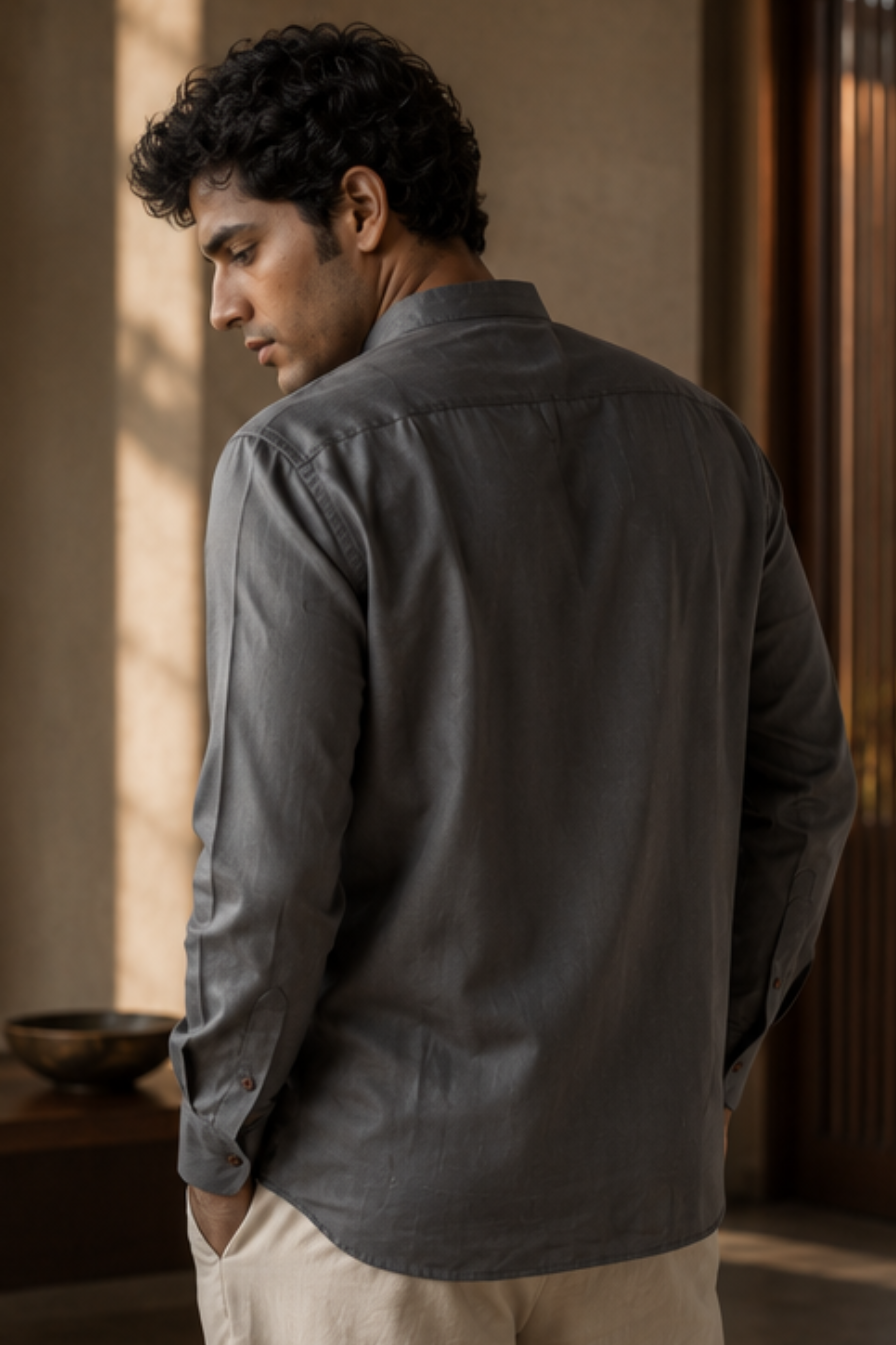 Strata Tencel™ Flax Chinese Collar Shirt – Steel Grey Cotton Linen Blend Full Sleeve Shirt for Men