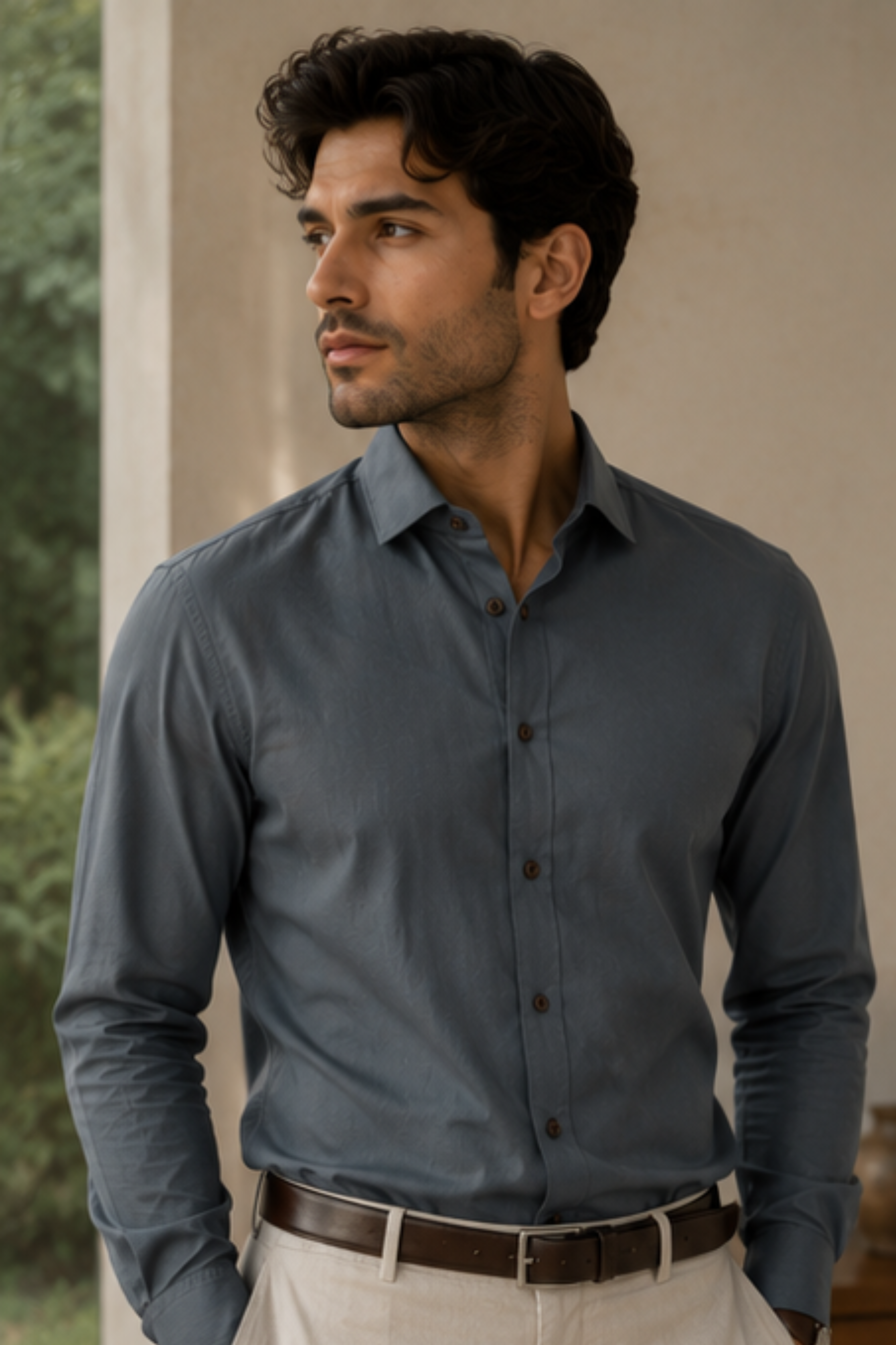 Strata Tencel™ Flax Spread Collar Shirt – Steel Grey Cotton Linen Blend Full Sleeve Shirt for Men