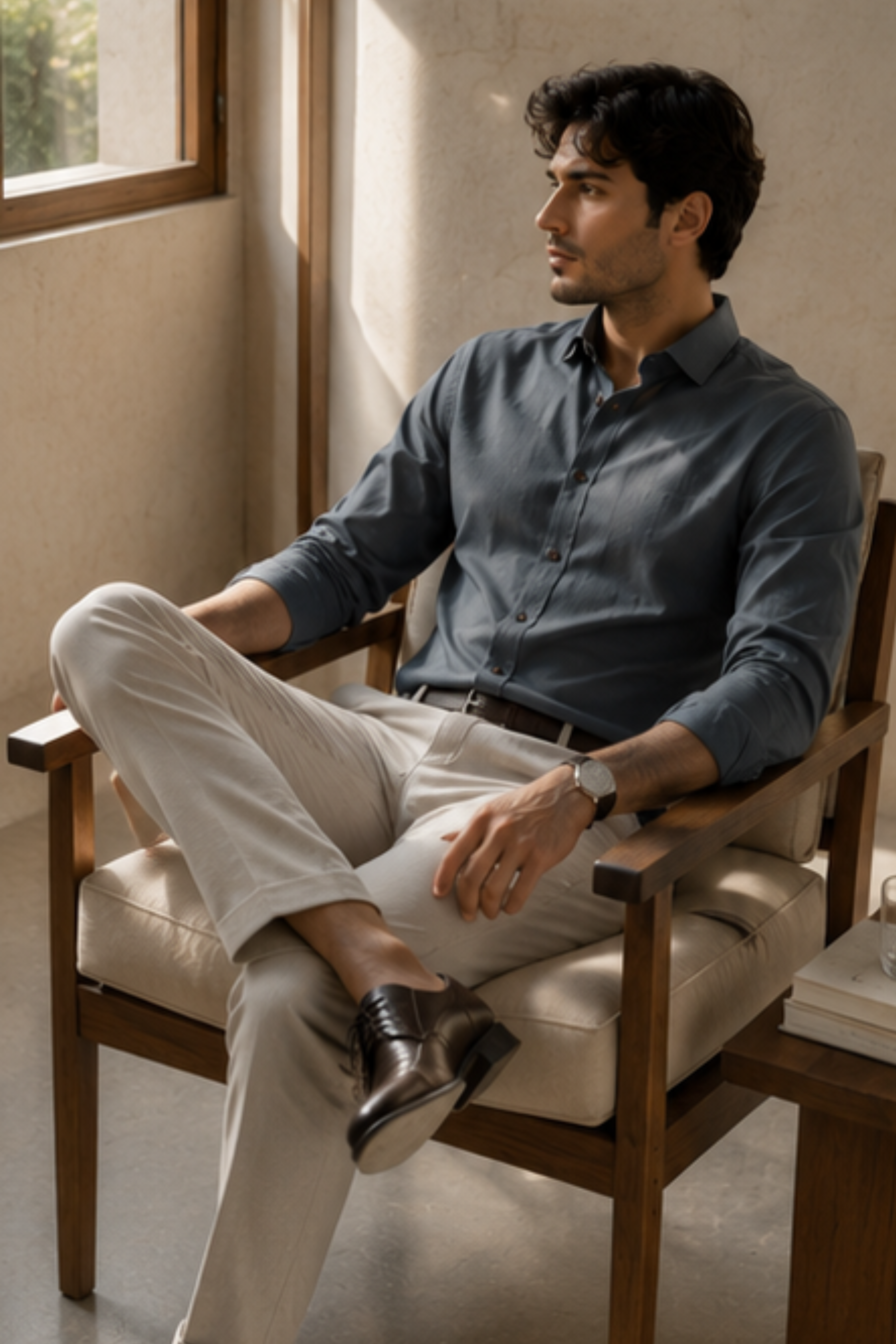 Strata Tencel™ Flax Spread Collar Shirt – Steel Grey Cotton Linen Blend Full Sleeve Shirt for Men