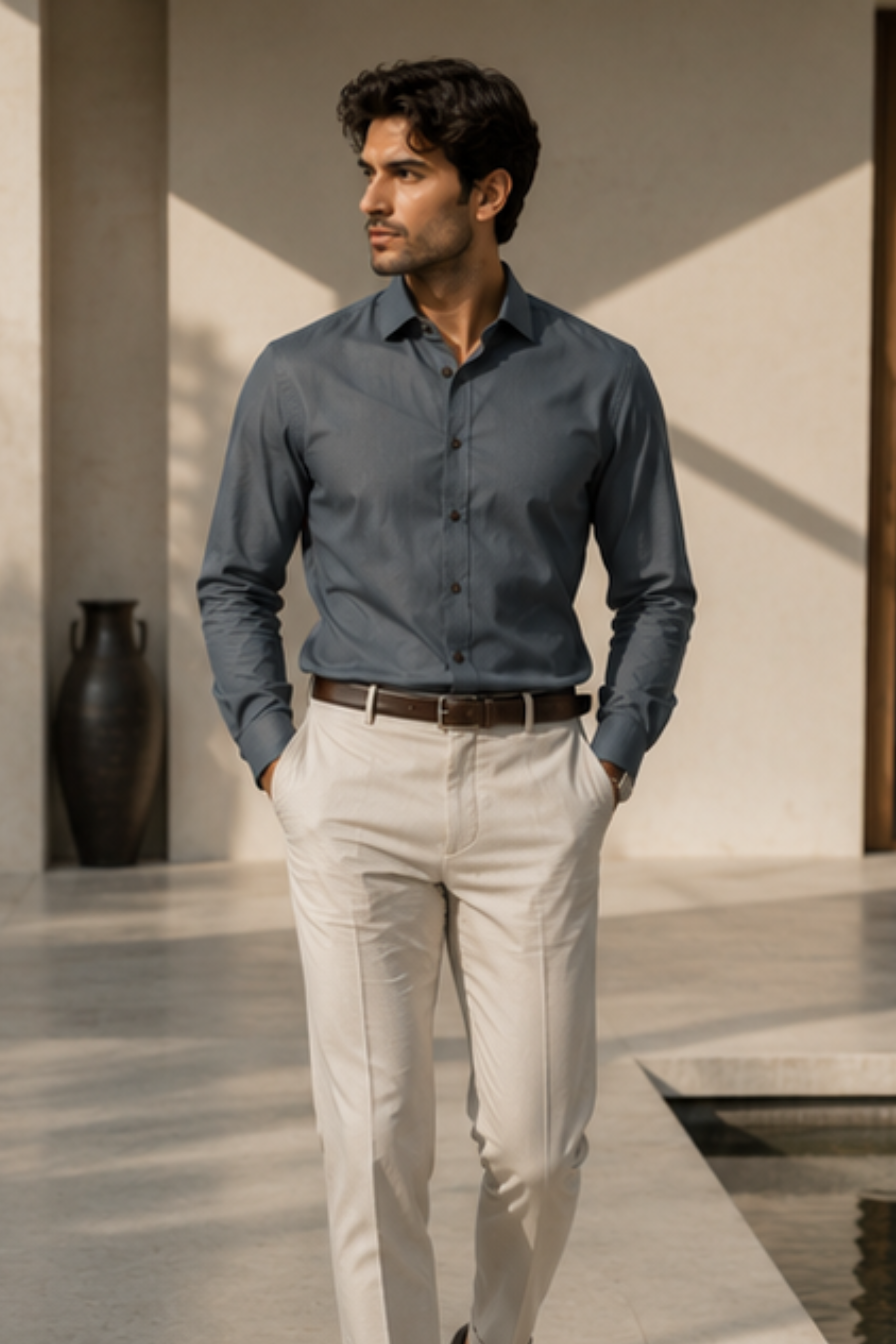 Strata Tencel™ Flax Spread Collar Shirt – Steel Grey Cotton Linen Blend Full Sleeve Shirt for Men
