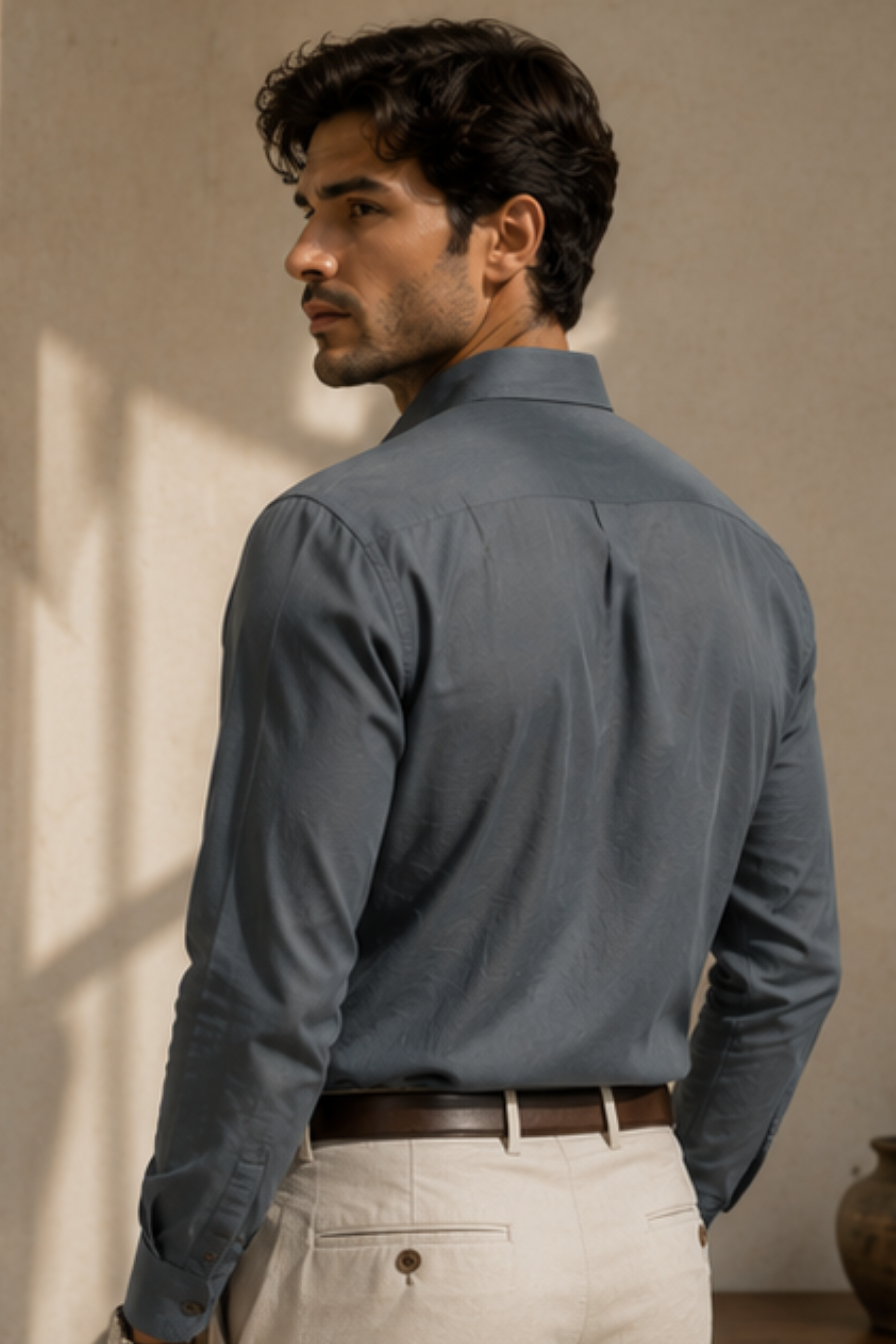 Strata Tencel™ Flax Spread Collar Shirt – Steel Grey Cotton Linen Blend Full Sleeve Shirt for Men