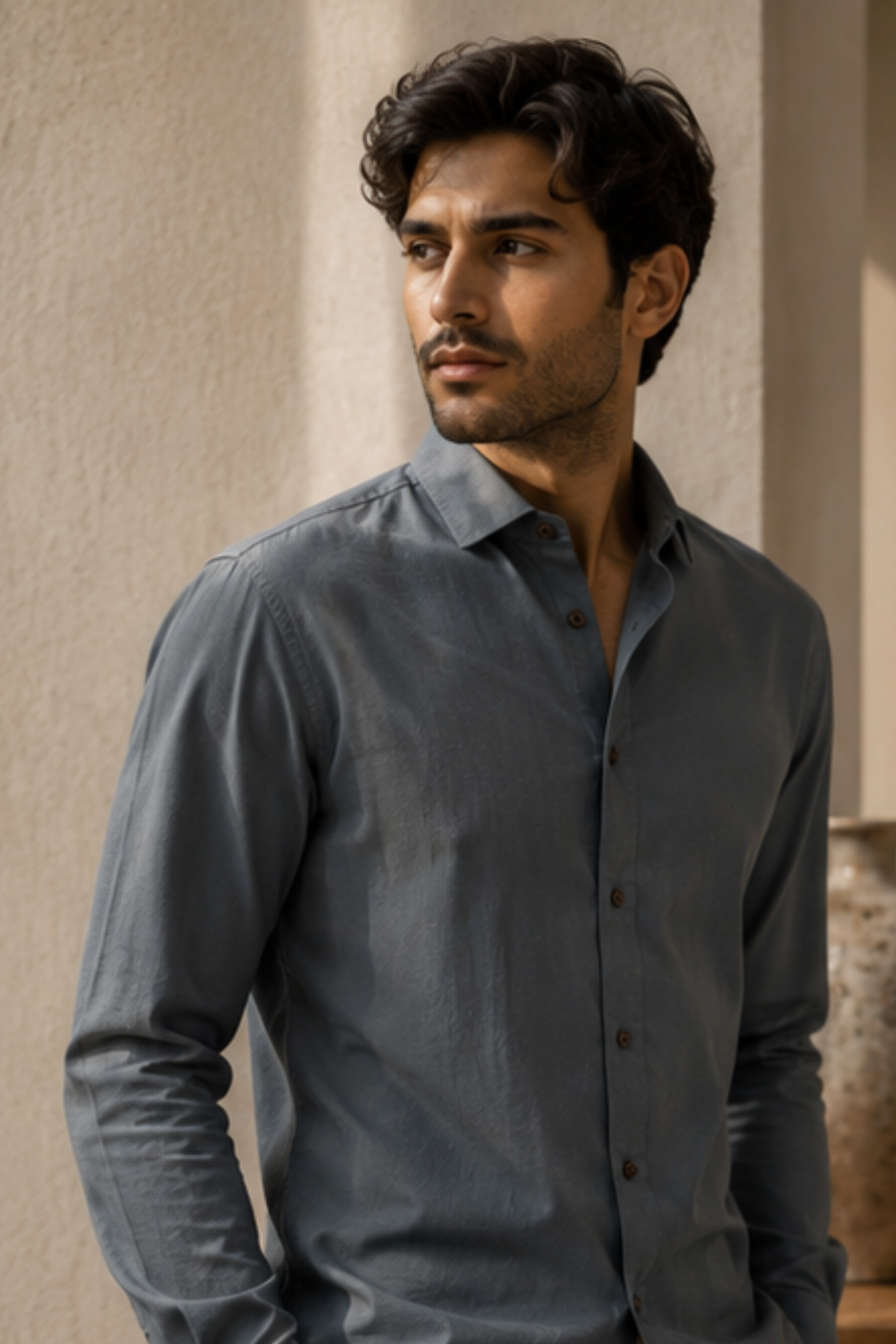 Strata Tencel™ Flax Spread Collar Shirt – Steel Grey Cotton Linen Blend Full Sleeve Shirt for Men