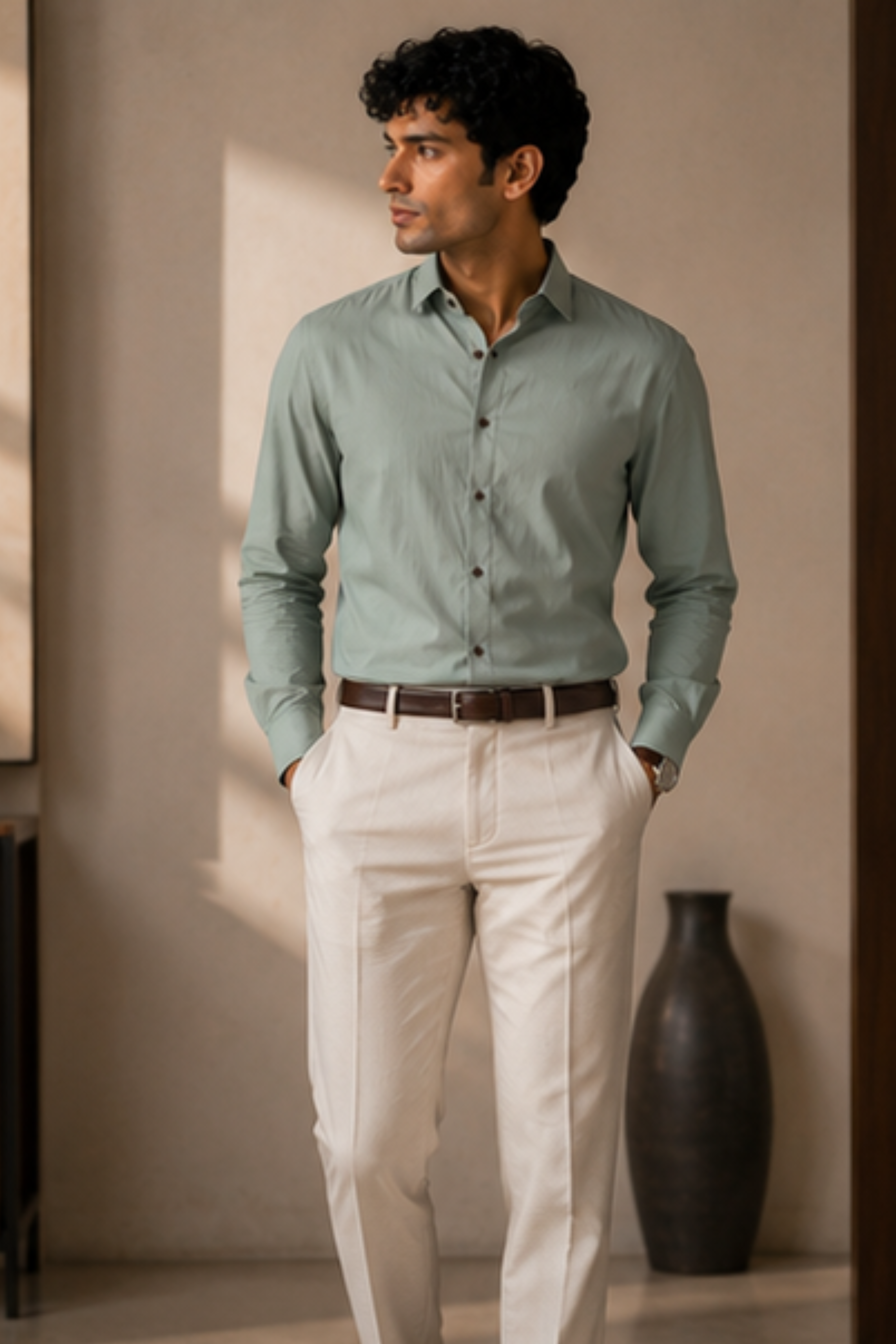 Strata Tencel™ Flax Spread Collar Shirt – Pastel Green Cotton Linen Blend Full Sleeve Shirt for Men