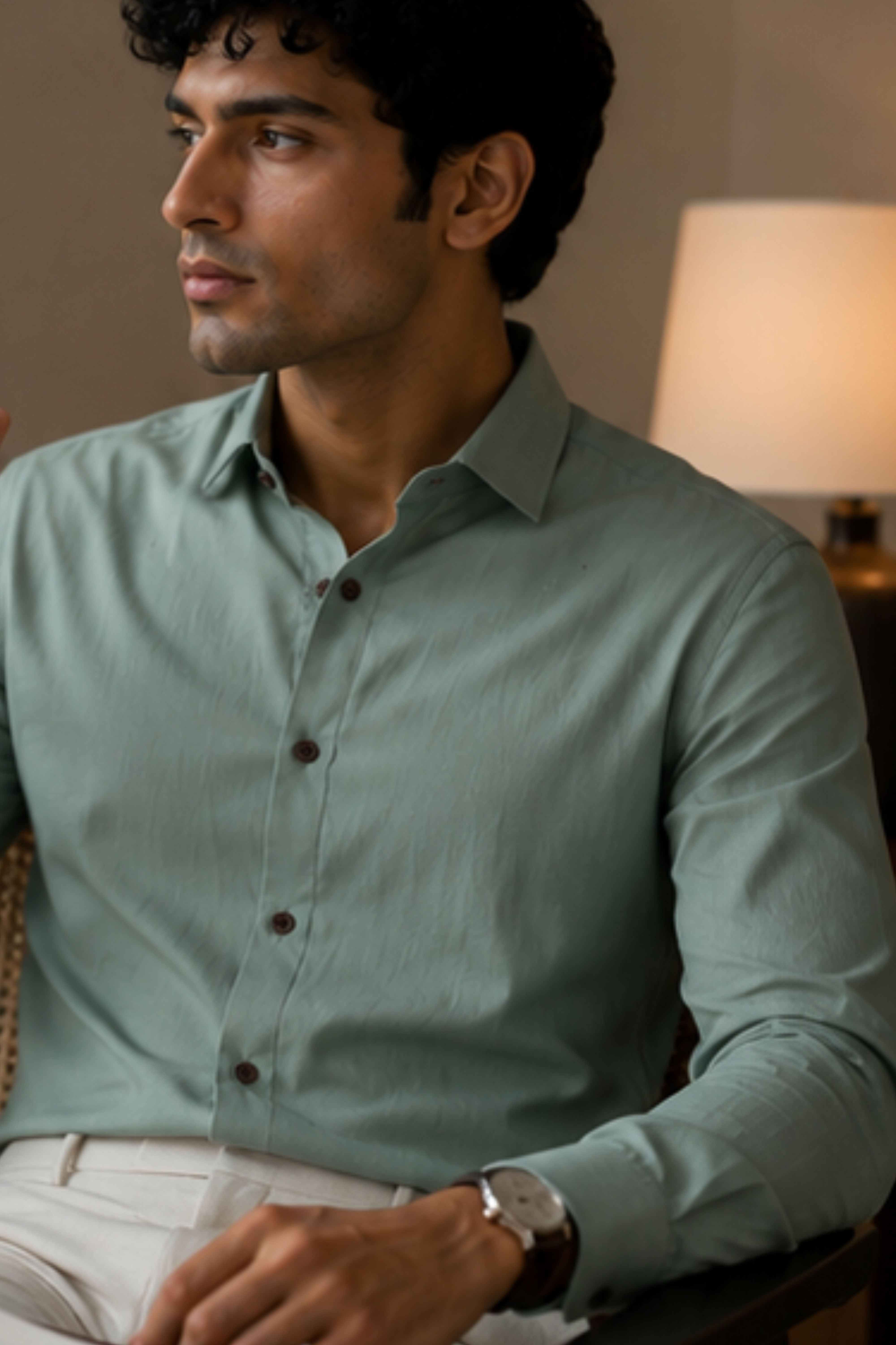 Strata Tencel™ Flax Spread Collar Shirt – Pastel Green Cotton Linen Blend Full Sleeve Shirt for Men