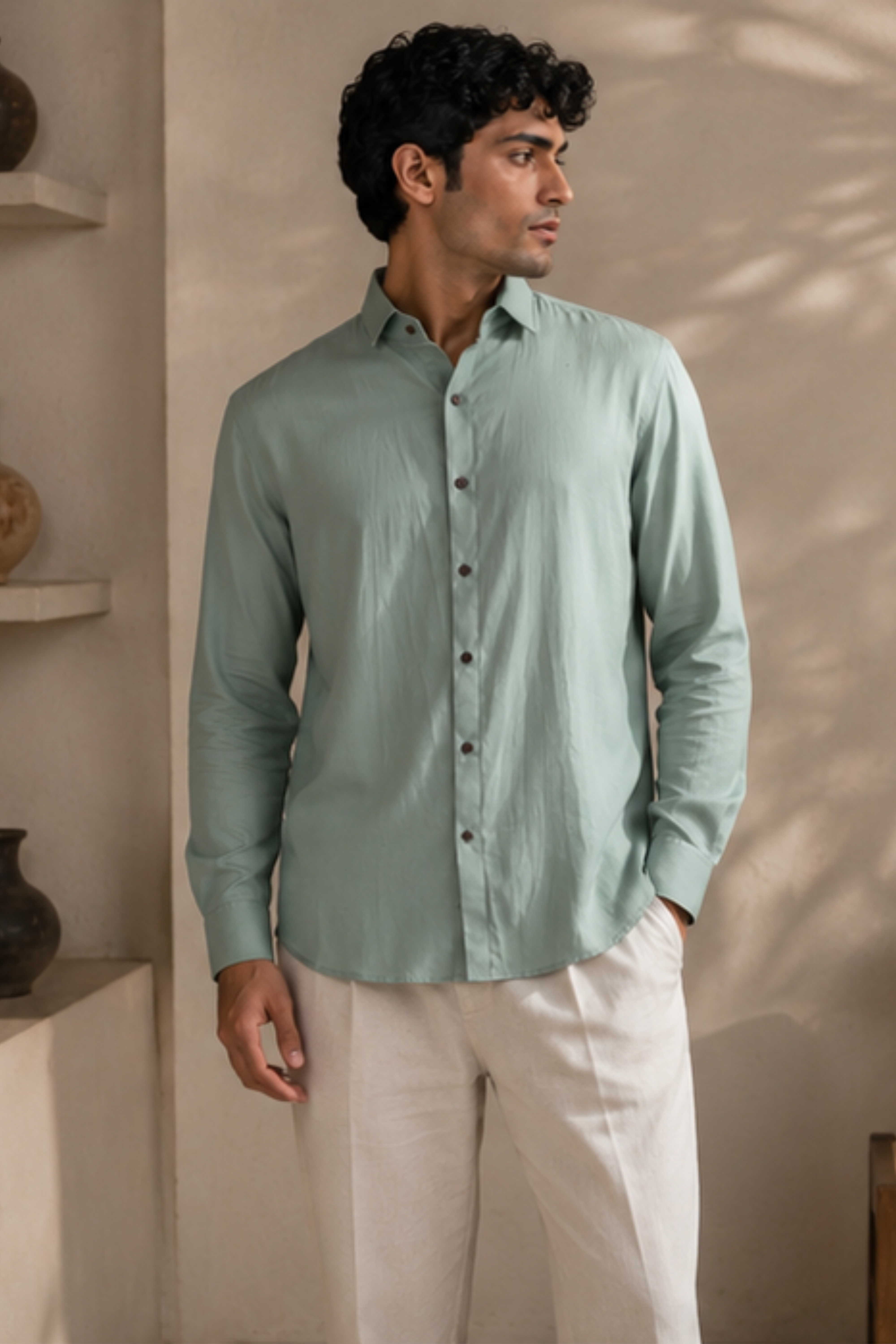 Strata Tencel™ Flax Spread Collar Shirt – Pastel Green Cotton Linen Blend Full Sleeve Shirt for Men