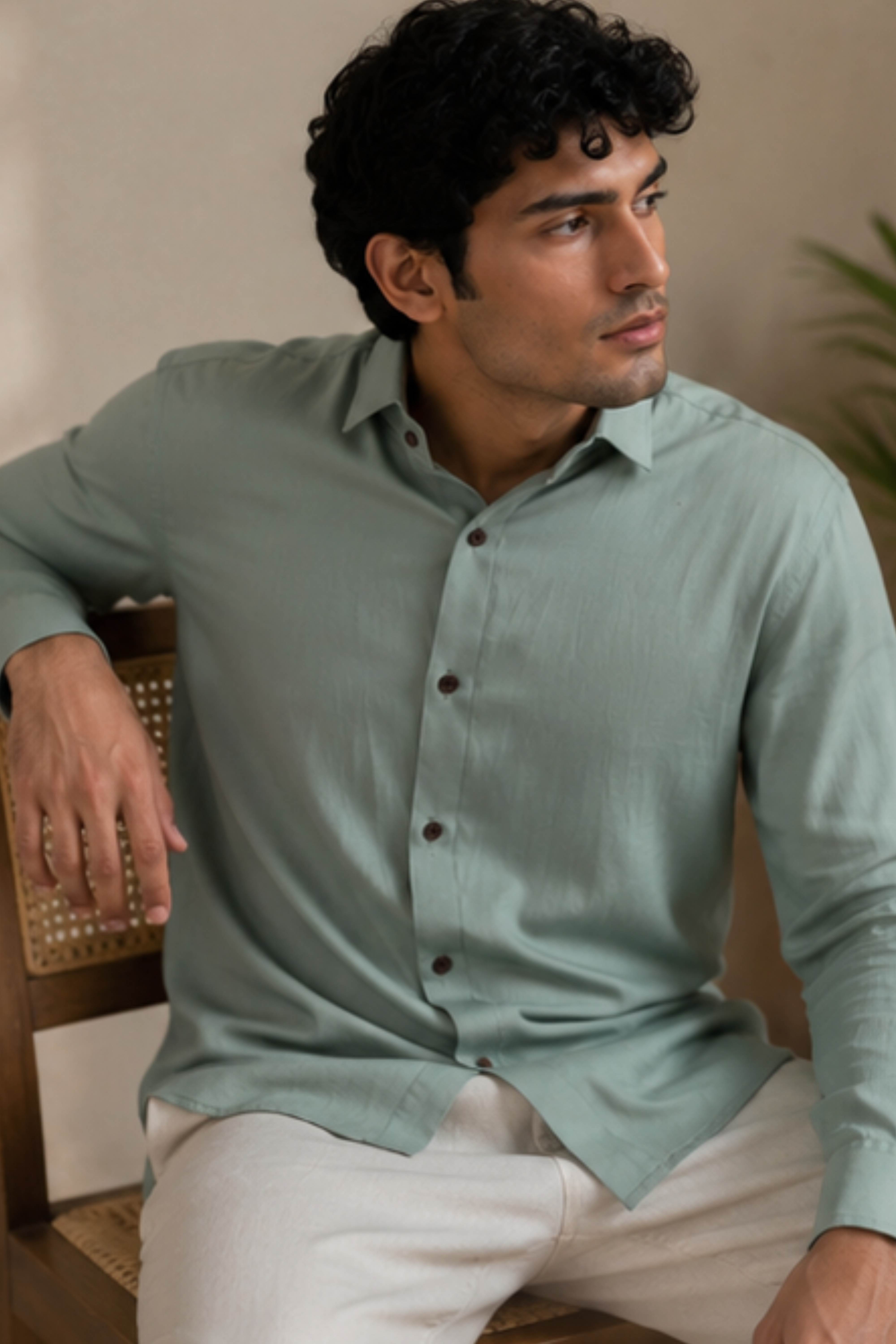 Strata Tencel™ Flax Spread Collar Shirt – Pastel Green Cotton Linen Blend Full Sleeve Shirt for Men