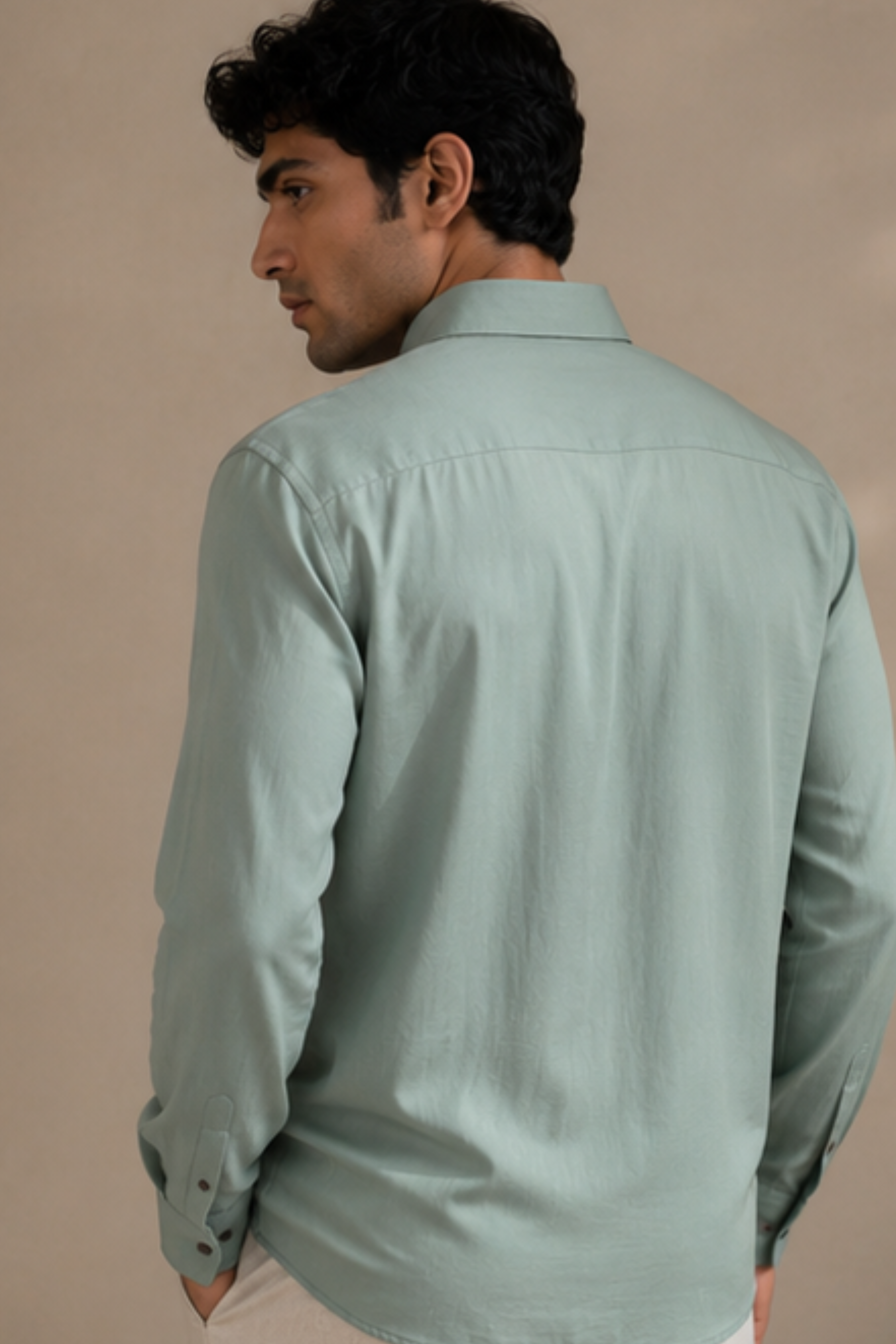 Strata Tencel™ Flax Spread Collar Shirt – Pastel Green Cotton Linen Blend Full Sleeve Shirt for Men