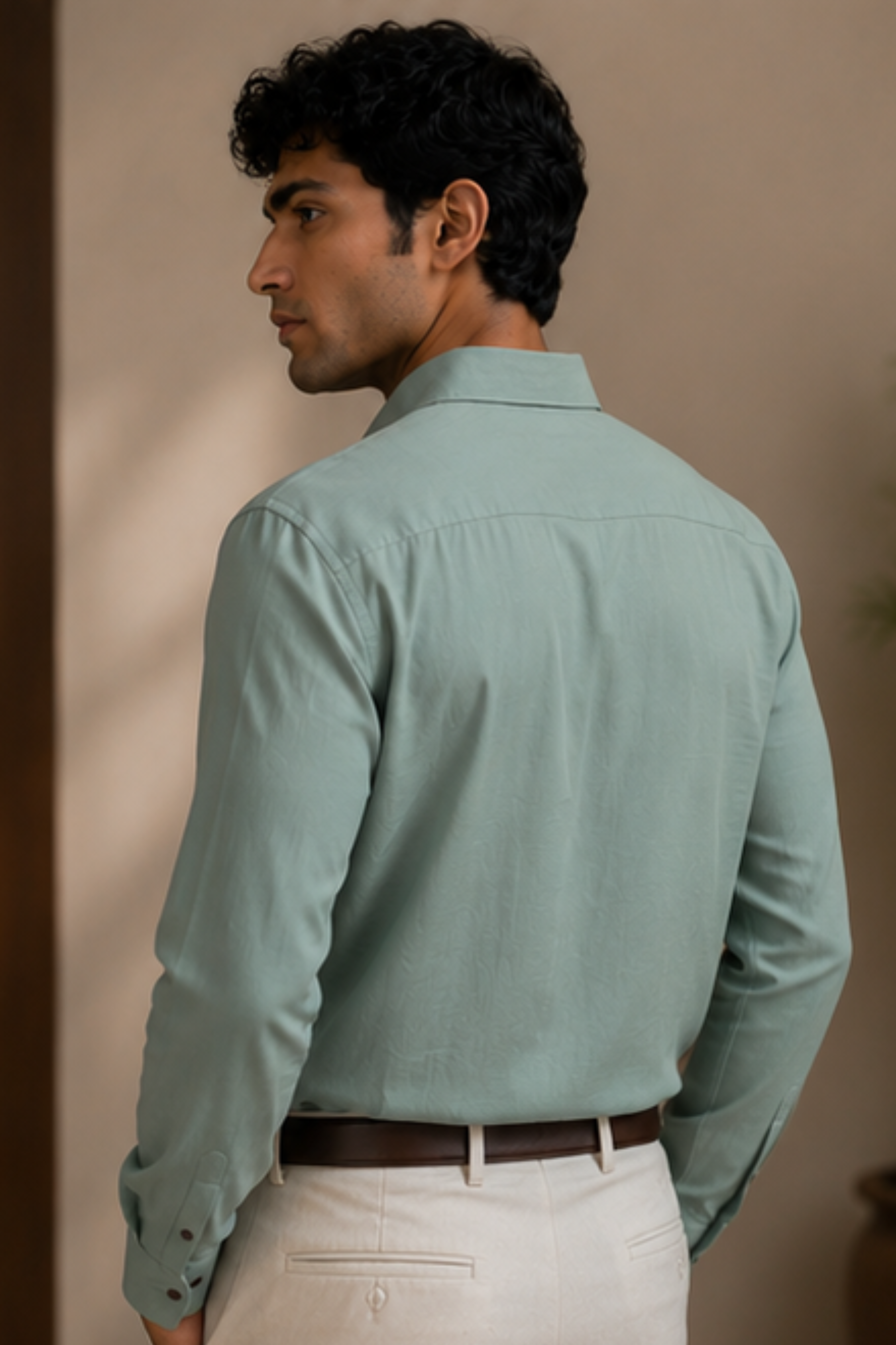 Strata Tencel™ Flax Spread Collar Shirt – Pastel Green Cotton Linen Blend Full Sleeve Shirt for Men