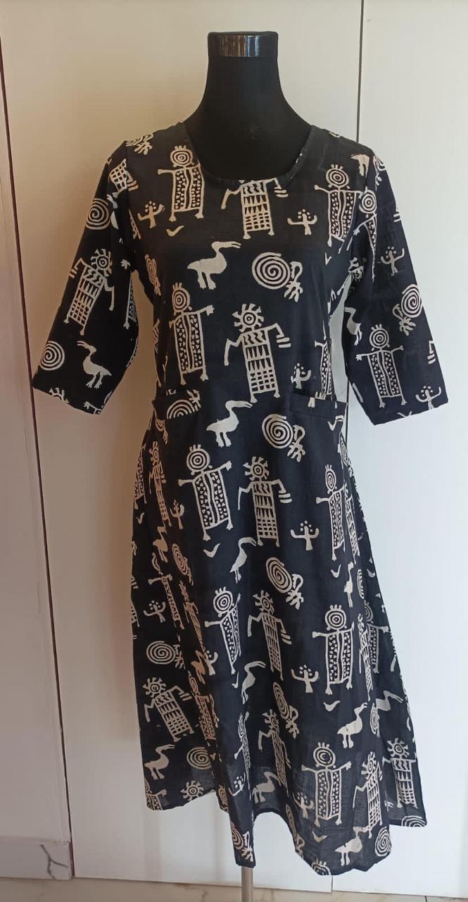 Handblock-printed Midi Dress in Black