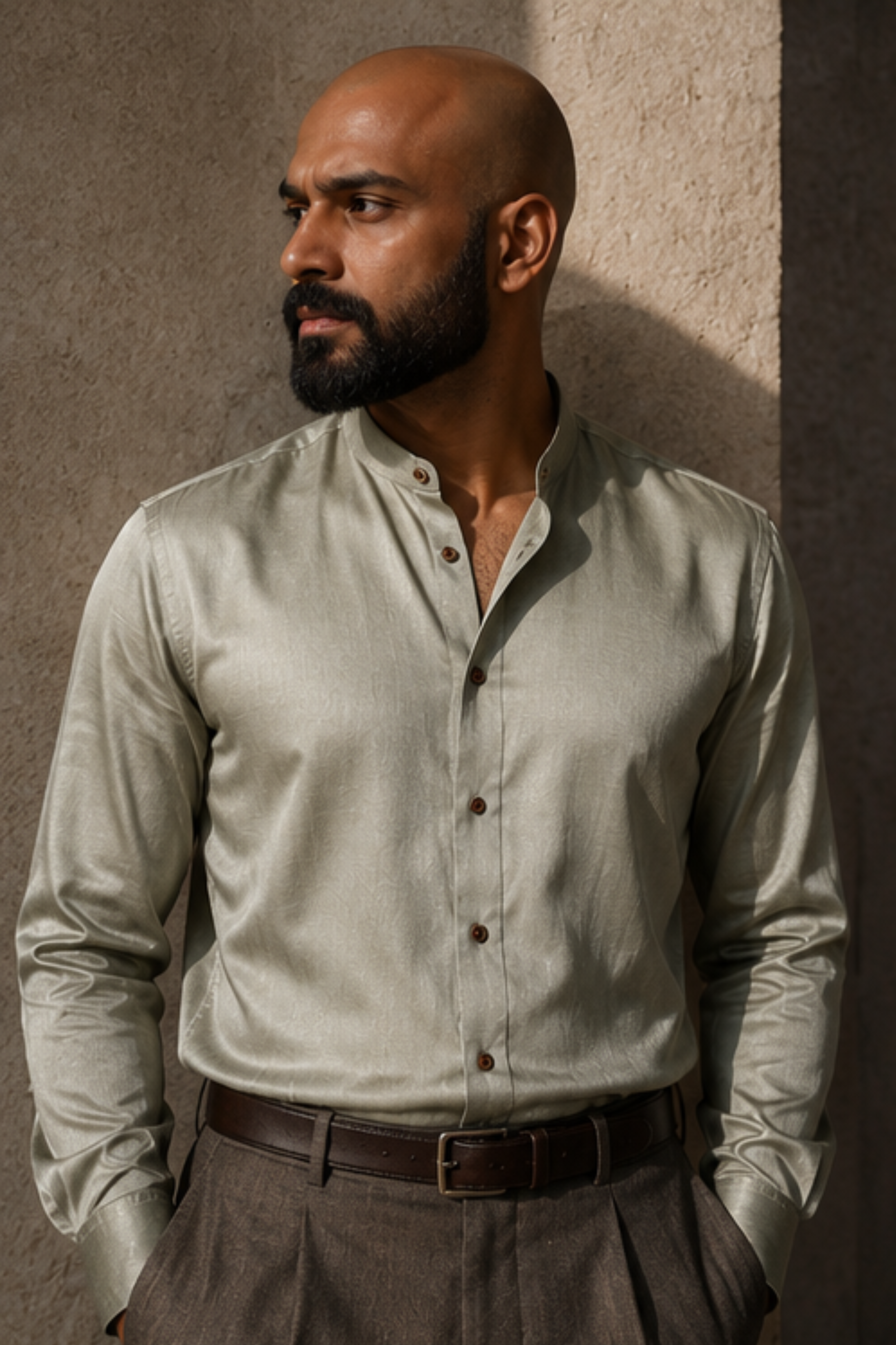 Zenith Tencel™ Satin Chinese Collar Shirt – Sage Green Full Sleeve Shirt for Men