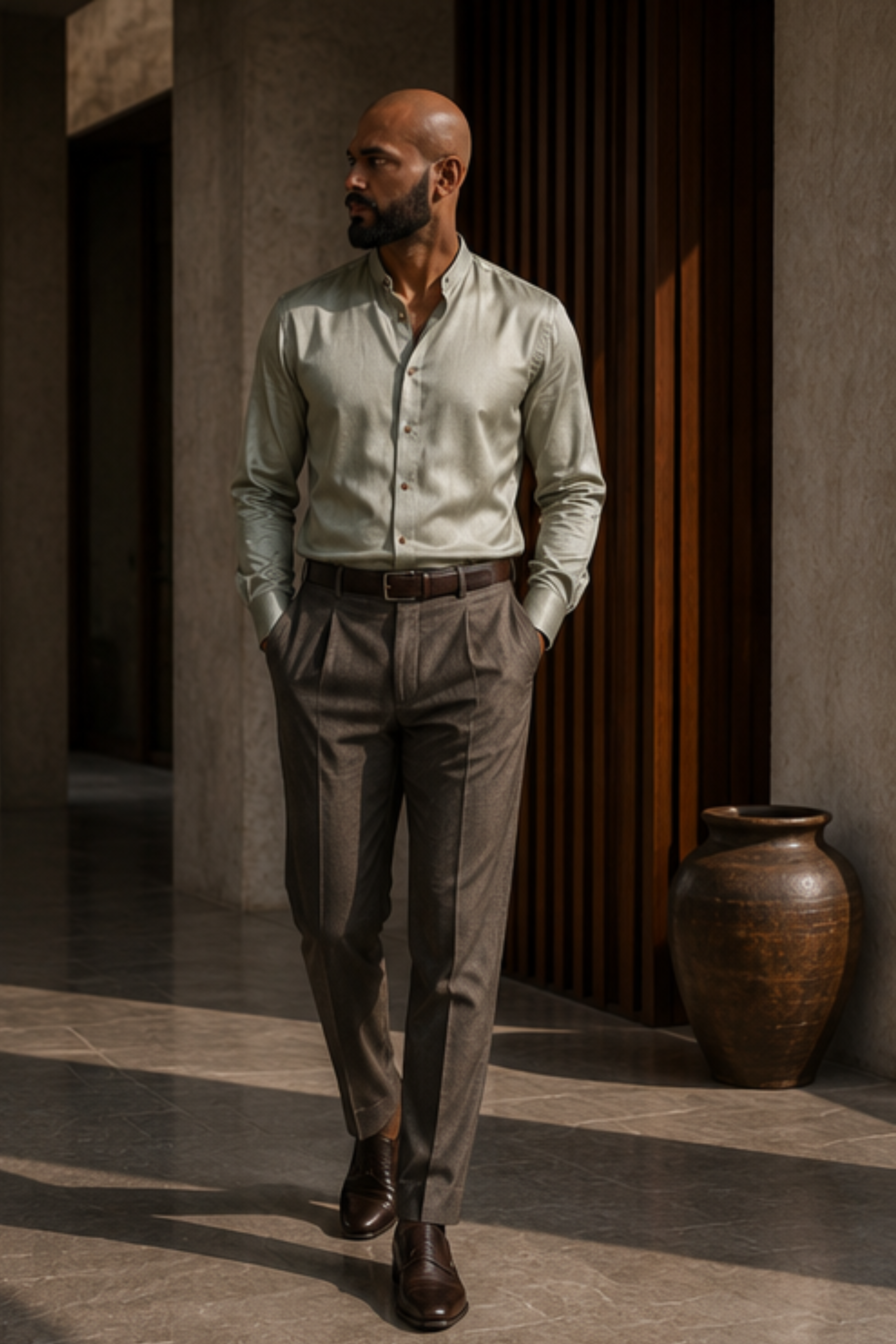 Zenith Tencel™ Satin Chinese Collar Shirt – Sage Green Full Sleeve Shirt for Men