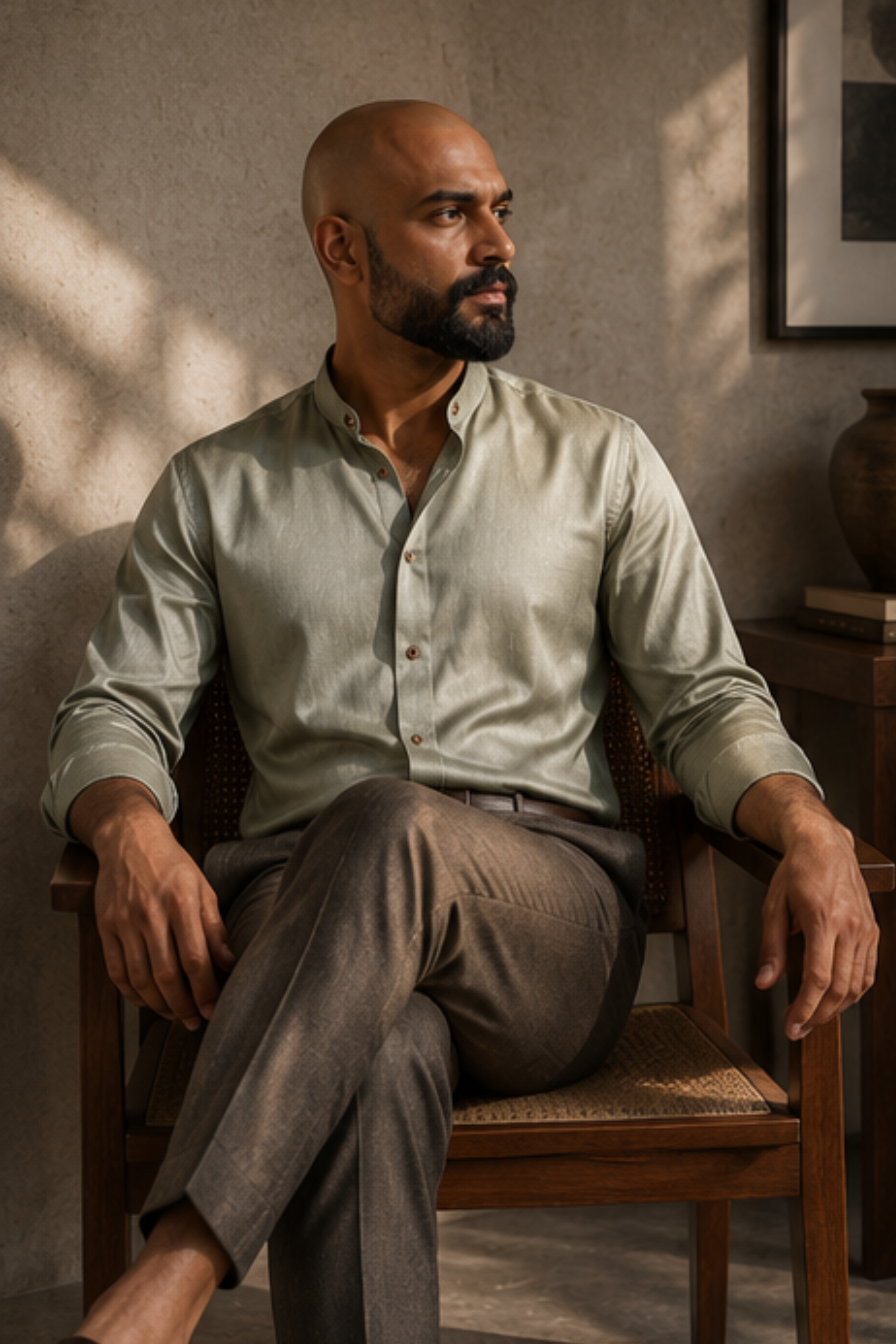 Zenith Tencel™ Satin Chinese Collar Shirt – Sage Green Full Sleeve Shirt for Men