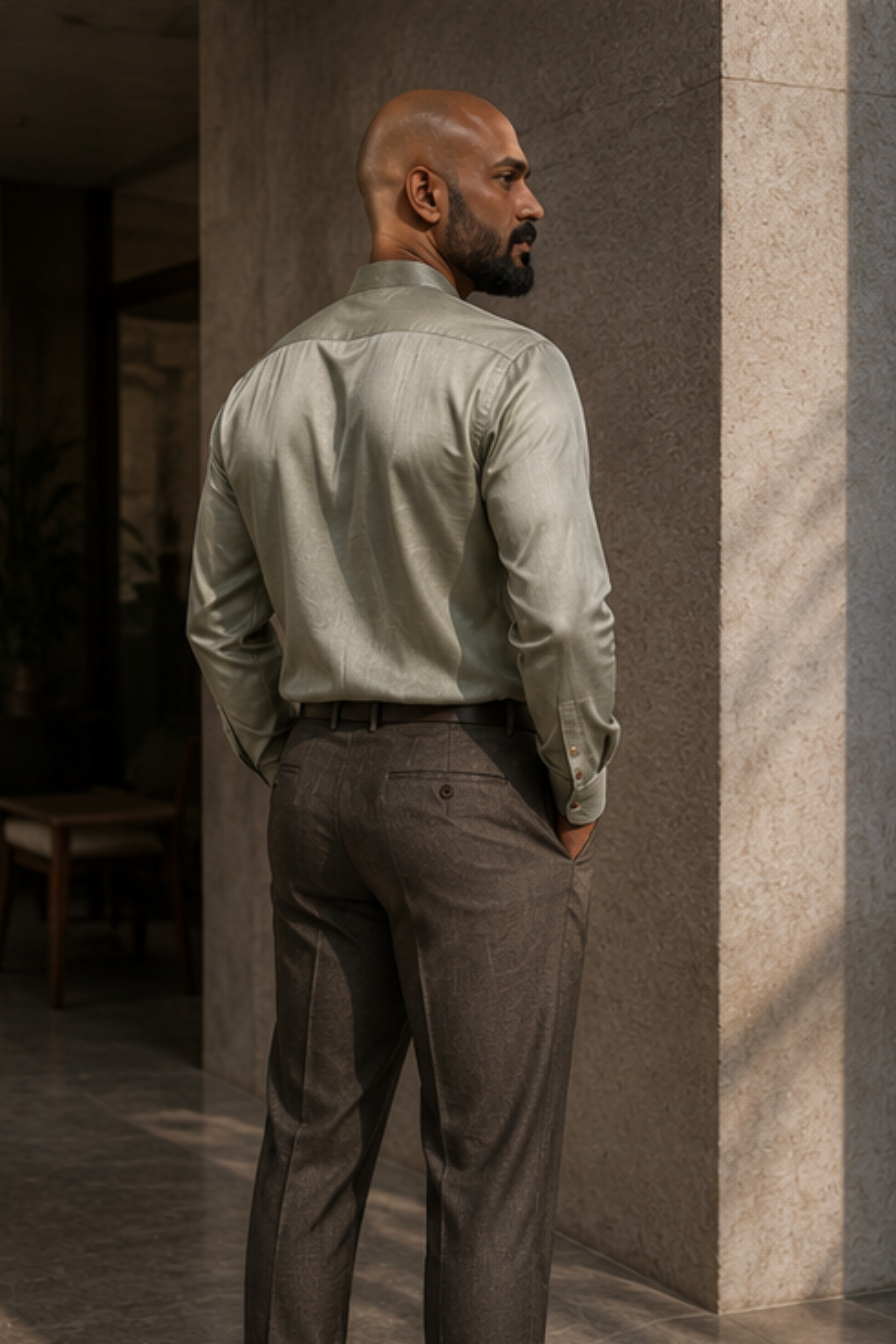 Zenith Tencel™ Satin Chinese Collar Shirt – Sage Green Full Sleeve Shirt for Men