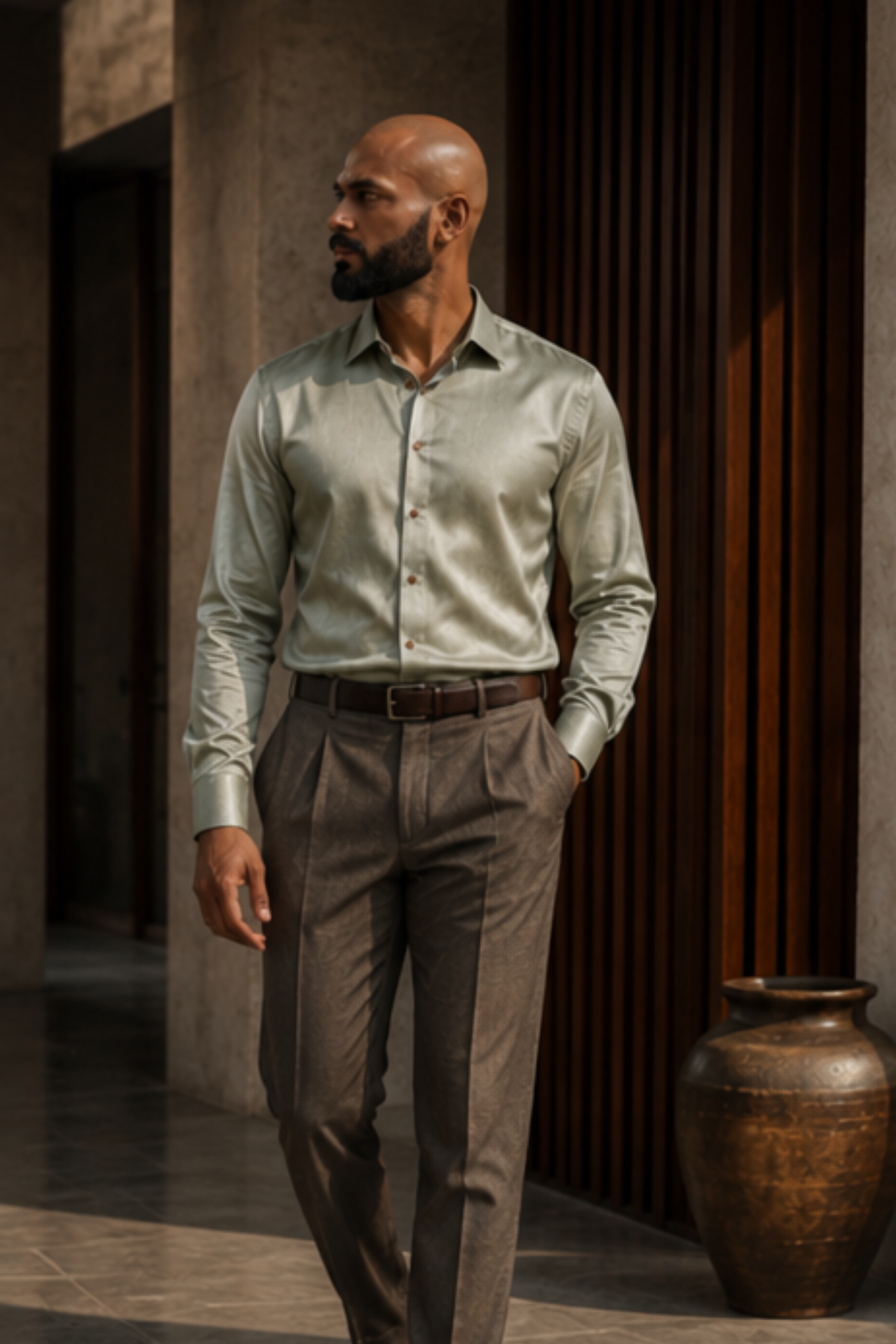 Zenith Tencel™ Satin Spread Collar Shirt – Sage Green Full Sleeve Shirt for Men